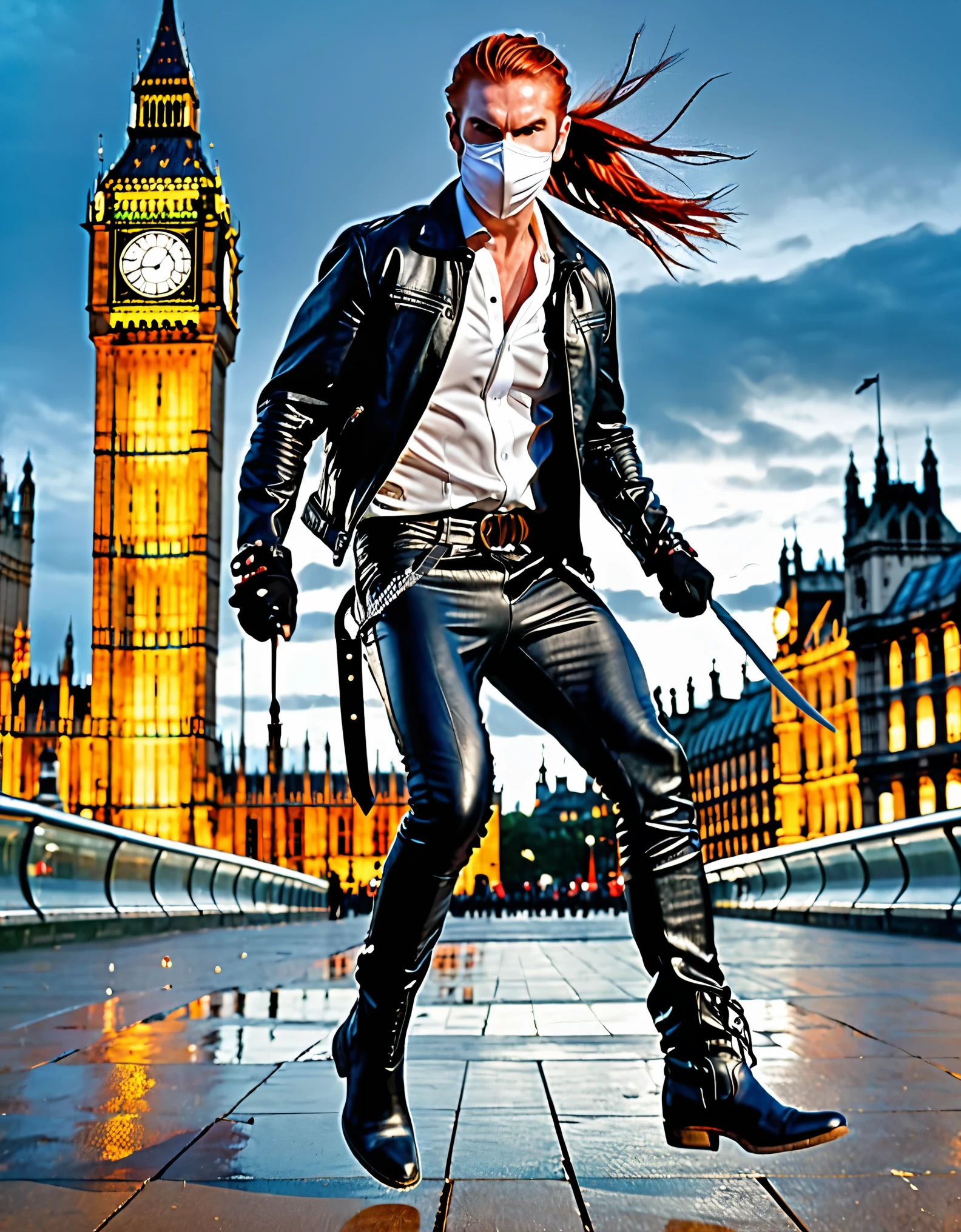 portuguese male, tall male, dynamic running pose, red hair, long hair, braided ponytail, mask, serial killer, flamboyant, (black leather jacket, white shirt, tight pants, holding throwing knives,) leather gloves, leather cowboy boots, ninja, london backdrop, big ben, cowboy shot, midnight, helicopters hovering in the sky, full body costume design