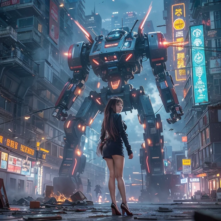 (highest quality、4k、8K、High resolution、masterpiece: 1.2)、Super detailed、(genuine、photogenuineistic、photogenuineistic: 1.37)、Destruction of a Great City、(A woman with telekinesis stands in front of a mech controlled by the invaders:1.37) 、(Women are young and beautiful、18-year-old、unparalleled beauty:1.5)、Insert a mental barrier to resist robot attacks、Vibrant cityscape、bright colors、Shining skyscrapers、Busy Street、Futuristic architecture and technology、Advanced Holographic Displays、Neon light splashes 、dramatic lighting、intense shadow、The awe-inspiring power that women exude、determination in his eyes、Elegant flowing gown、Dynamic action in the wind、Stretch out your arms and lunge towards the robot.、Powerful energy is emitted from the hands.、blue shining aura、sparks of electricity、electricity crackling in the air、A whirlpool of energy surrounding women、A fascinating and surgenuine atmosphere、A sense of danger and impending doom、Background chaos and destruction、Crumbling Building、Flying Debris、Smoke and flames、 The contrast between beauty and destruction、The battle between technology and the extraordinary power of young women。 cr1r3