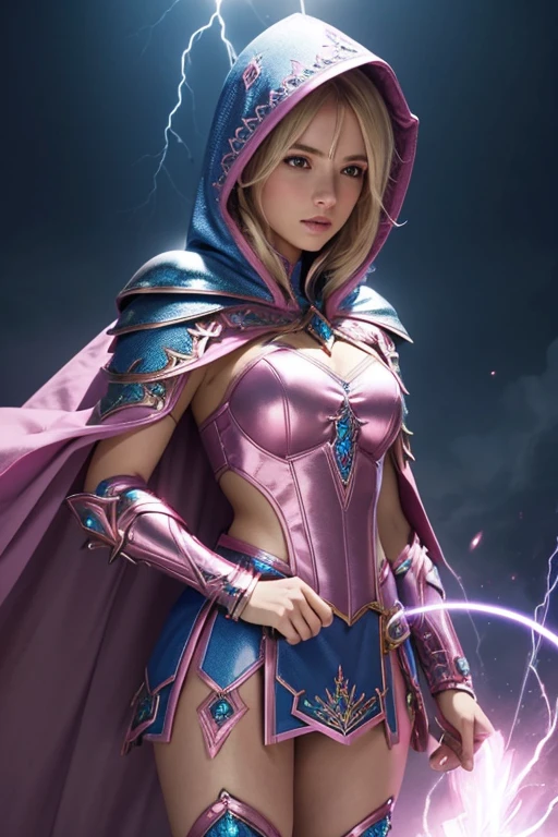Female blond dark fantasy knight wearing an intricate elaborate futuristic blue armor with pink ornaments, blue pointed hooded tunic no helmet, pink long cape, pink mini skirt, wearing a short staff, pink lightning, pink eclipse, magic circle behind, ethereal lightning, sharp focus