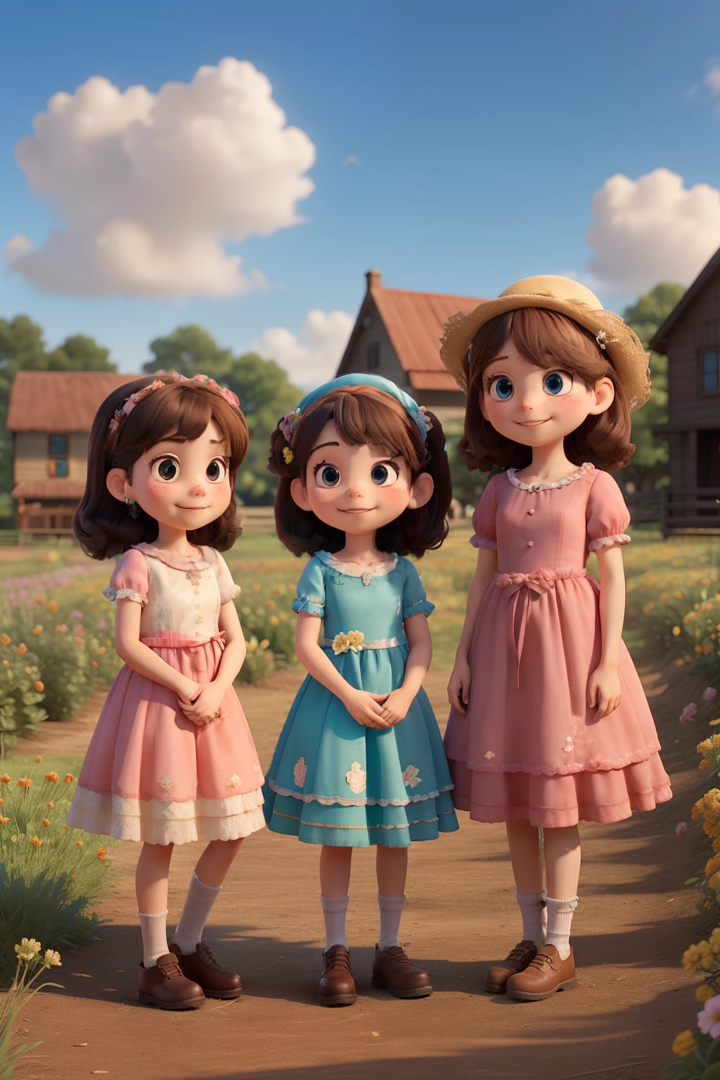Three little girls in dresses stand in a field of flowers - SeaArt AI