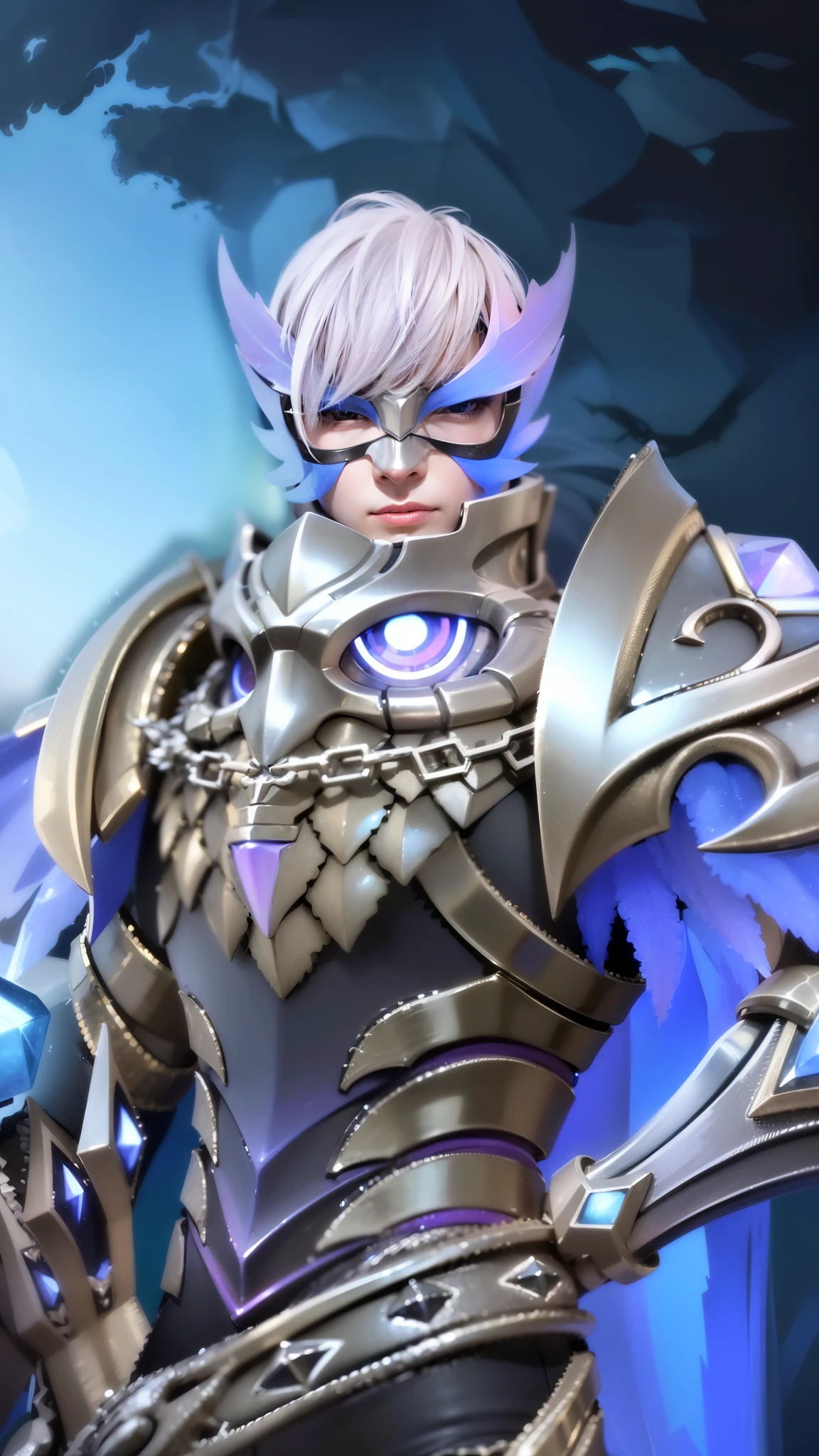 a close up of a boy in a costume with a mask, sliver ice color reflected armor, shinning armor, ice crystal armor, ice lord, grimdark paladin, wearing thunder armor, crystalline skin, wearing diamond armor, clothed in ethereal armor, ice mage, warrior platinum armor, mystical atlantean valkyrie, 8k, ultra hd, ultra detailed texture, hyper realistic, masterpiece, detailed texture, detailed face, detailed skin, detailed lighting, (photorealistic:1.5), best quality, beautiful lighting, cinematic lighting, professional lighting, ultra highres, realistic, detailed hair, real hair, high quality, (realskin:1.5), extremely detailed, finely detail, ultra-detailed