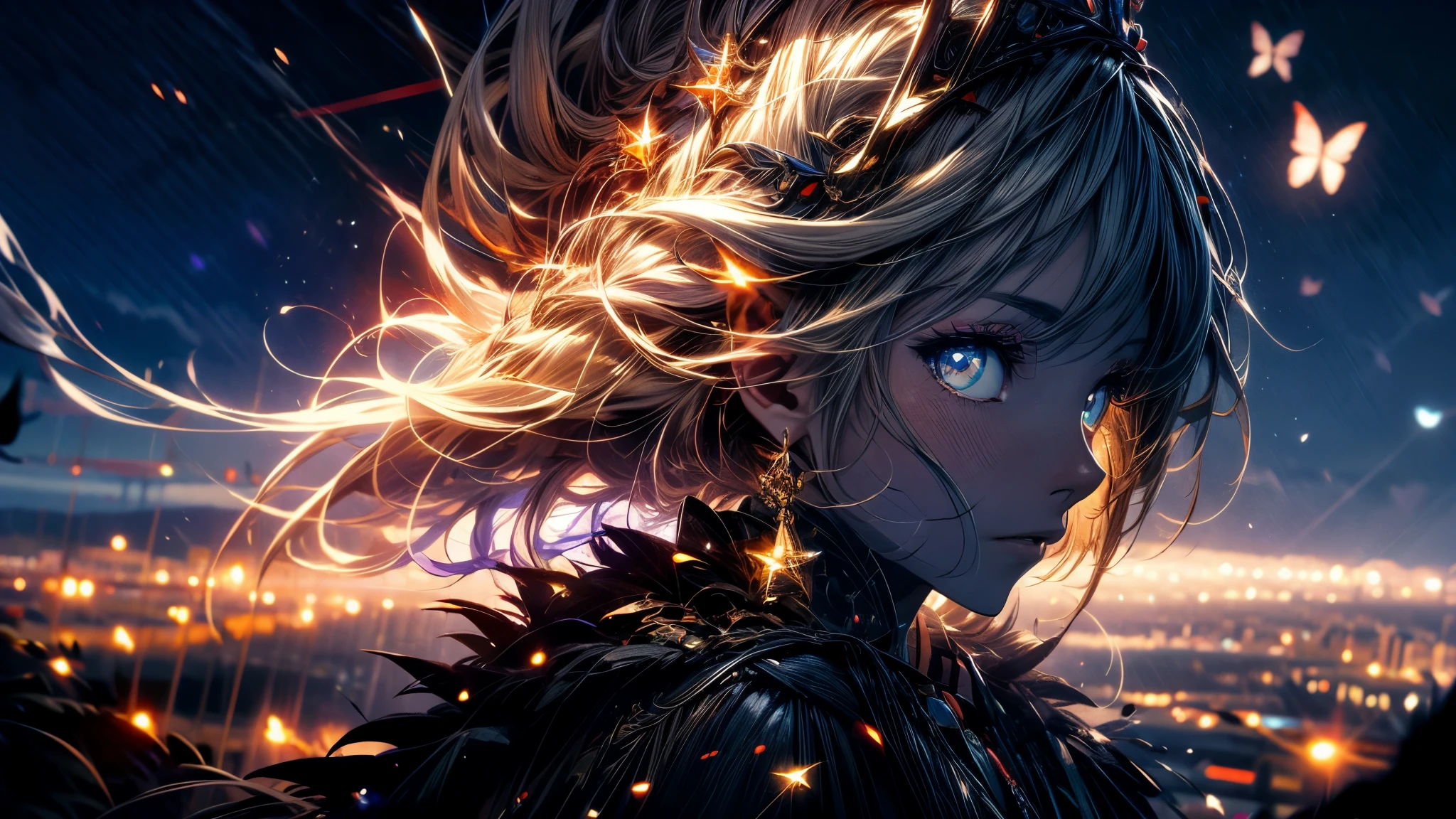 absurdo、high resolution、(arte oficial、Beautifully aesthetic:1.2)cielo brillante, vasto mundo, horizonte lejano, nube, Colinas altas, belleza natural, cielo nocturno, estrellas brillantes, kirakira, Cabello liso y liso de color beige.,(ojos azules profundos:1.2),(buscando:1.1),(A melancholy look),(Mirando hacia el cielo nocturno:1.2)