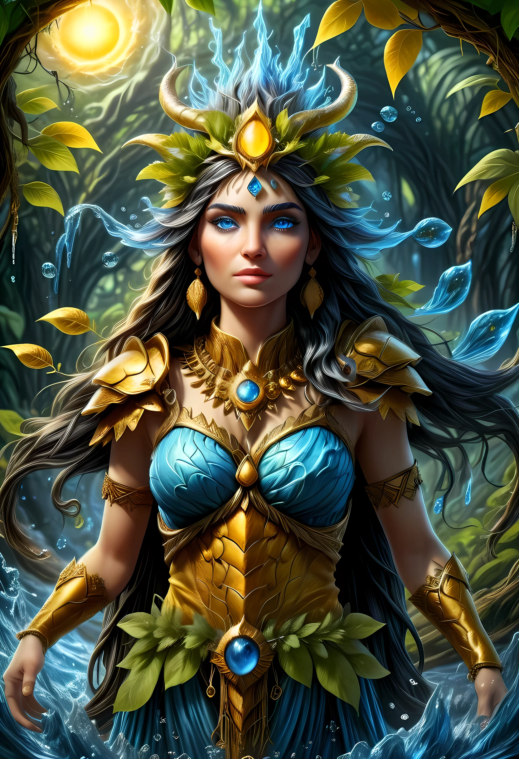 high details, best quality, 16k, [ultra detailed], masterpiece, best quality, (extremely detailed), dynamic angle, ultra wide shot, RAW, photorealistic, fantasy art, realistic art, DonML1quidG0ldXL, a female druid (intricate details, Masterpiece, best quality: 1.5) in a jungle, a female wearing (gold leaf: 1.1) clothes intricate details, Masterpiece, best quality: 1.4), leather boots, thick hair, long hair, black hair, intense (blue: 1.3) eyes, vibrant jungle (intense details), plenty of plant life, vines coming from trees, many jungle trees (1.3 intricate details, Masterpiece, best quality), vines, a river flowing, sun light, golden light. dynamic angle, (intricate details, Masterpiece, best quality: 1.5) , 2.5 rendering, high details, best quality, highres, ultra wide angle