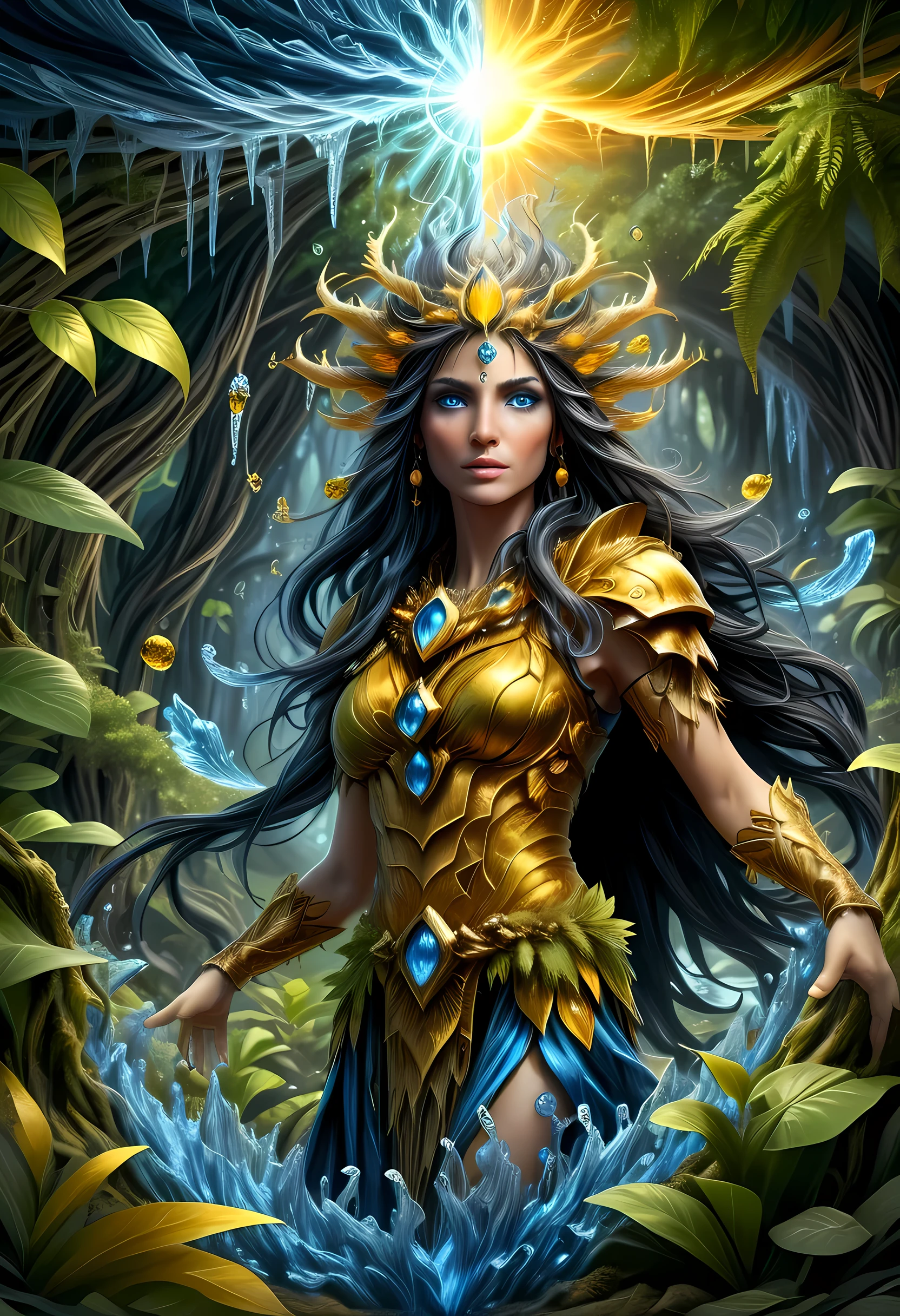 high details, best quality, 16k, [ultra detailed], masterpiece, best quality, (extremely detailed), dynamic angle, ultra wide shot, RAW, photorealistic, fantasy art, realistic art, DonML1quidG0ldXL, a female druid (intricate details, Masterpiece, best quality: 1.5) in a jungle, a female wearing (gold leaf: 1.1) clothes intricate details, Masterpiece, best quality: 1.4), leather boots, thick hair, long hair, black hair, intense (blue: 1.3) eyes, vibrant jungle (intense details), plenty of plant life, vines coming from trees, many jungle trees (1.3 intricate details, Masterpiece, best quality), vines, a river flowing, sun light, golden light. dynamic angle, (intricate details, Masterpiece, best quality: 1.5) , 2.5 rendering, high details, best quality, highres, ultra wide angle