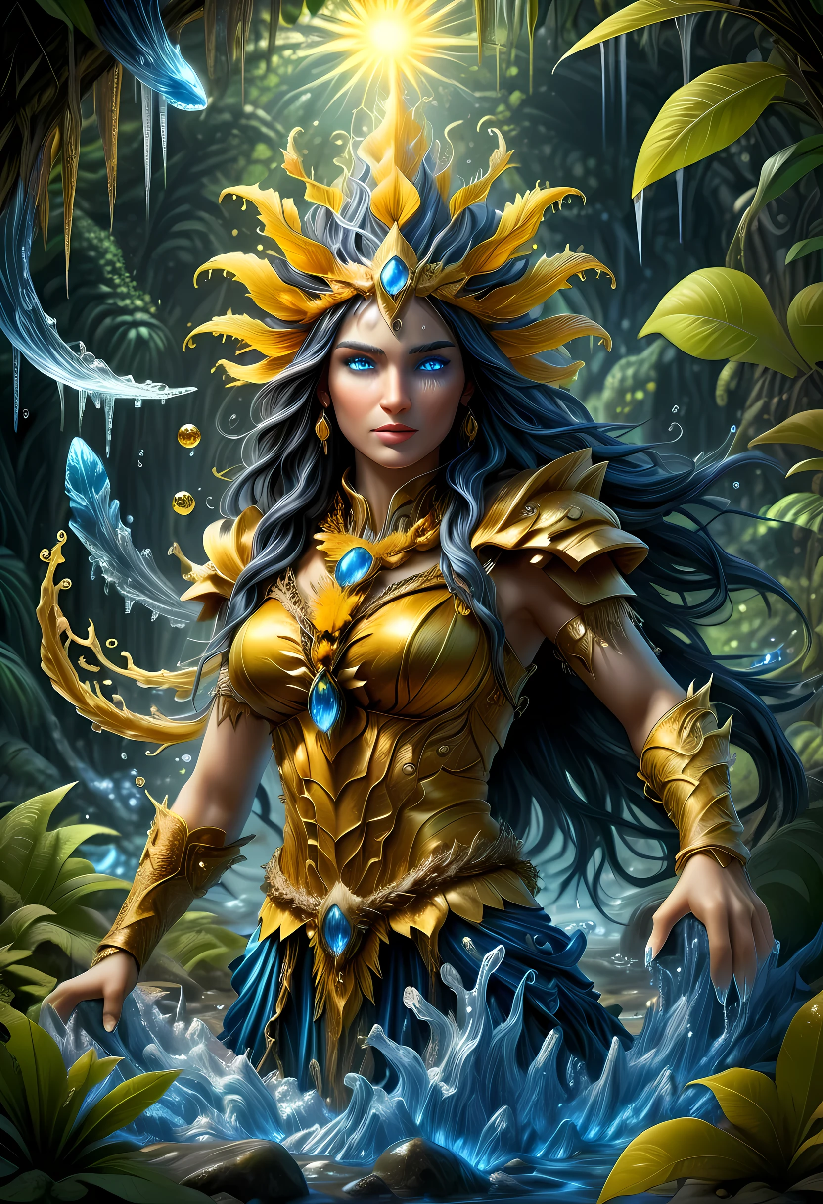 high details, best quality, 16k, [ultra detailed], masterpiece, best quality, (extremely detailed), dynamic angle, ultra wide shot, RAW, photorealistic, fantasy art, realistic art, DonML1quidG0ldXL, a female druid (intricate details, Masterpiece, best quality: 1.5) in a jungle, a female wearing (gold leaf: 1.1) clothes intricate details, Masterpiece, best quality: 1.4), leather boots, thick hair, long hair, black hair, intense (blue: 1.3) eyes, vibrant jungle (intense details), plenty of plant life, vines coming from trees, many jungle trees (1.3 intricate details, Masterpiece, best quality), vines, a river flowing, sun light, golden light. dynamic angle, (intricate details, Masterpiece, best quality: 1.5) , 2.5 rendering, high details, best quality, highres, ultra wide angle