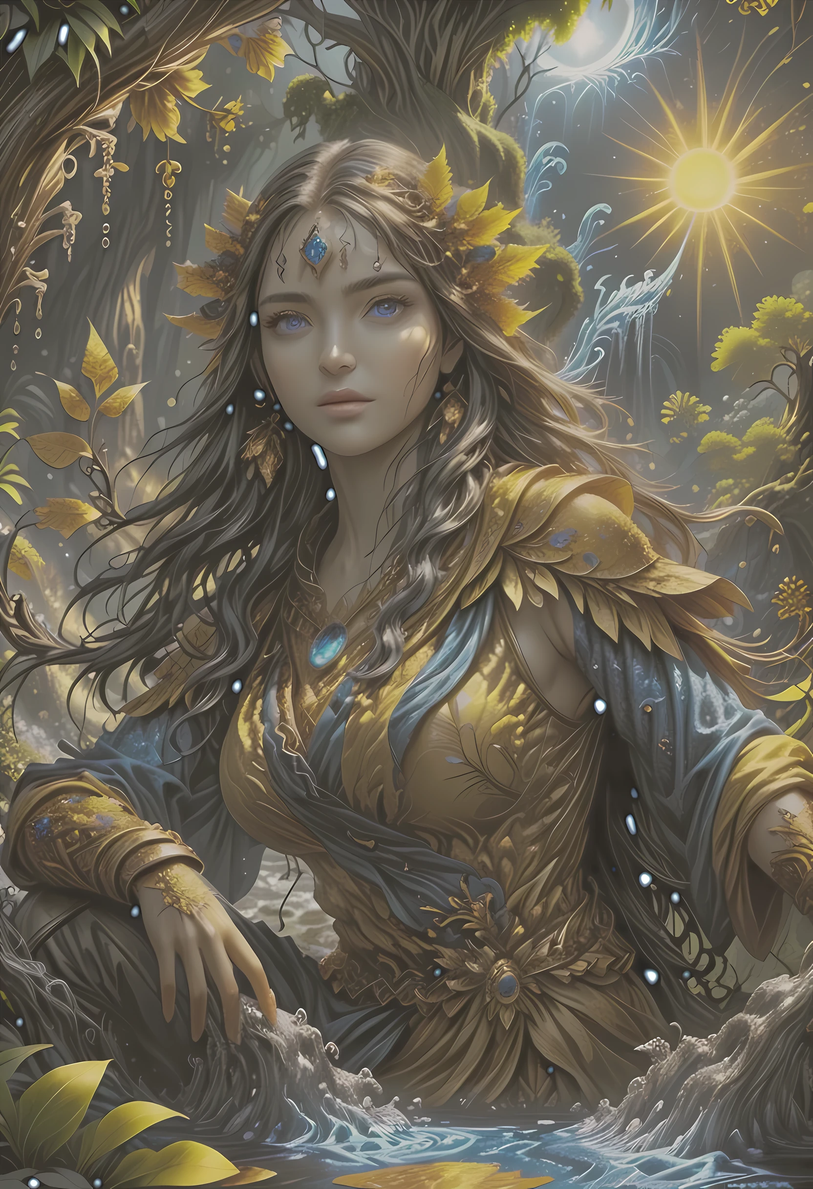 high details, best quality, 16k, [ultra detailed], masterpiece, best quality, (extremely detailed), dynamic angle, ultra wide shot, RAW, photorealistic, fantasy art, realistic art, DonML1quidG0ldXL, a female druid (intricate details, Masterpiece, best quality: 1.5) in a jungle, a female wearing (gold leaf: 1.1) clothes intricate details, Masterpiece, best quality: 1.4), leather boots, thick hair, long hair, black hair, intense (blue: 1.3) eyes, vibrant jungle (intense details), plenty of plant life, vines coming from trees, many jungle trees (1.3 intricate details, Masterpiece, best quality), vines, a river flowing, sun light, golden light. dynamic angle, (intricate details, Masterpiece, best quality: 1.5) , 2.5 rendering, high details, best quality, highres, ultra wide angle