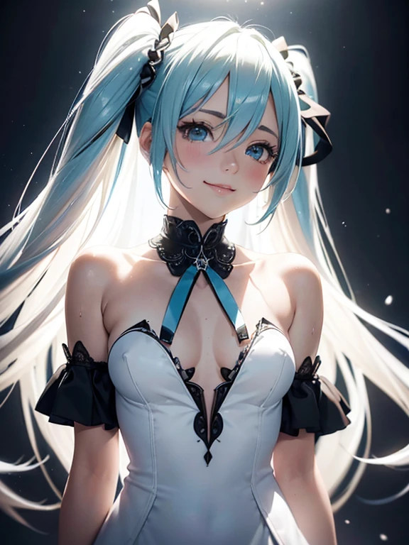 super detailed, NSFW, obra maestra, high resolution, Arte digital fotorrealista, perfect lighting, (((1 chica, perfect anatomy))), mano derecha precisa, mano izquierda precisa, cinco dedos, Estilo perfecto, shy smile, (Hatsune Miku,) Cara 3D, Grandes ojos azul verdosos claros., labios brillantes, Pelo largo azul verdoso, piel brillante,  (((Colas gemelas))), accesorios para el cabello cuadrados grandes, (((vestido largo blanco))), The light highlights the lines of the body.,