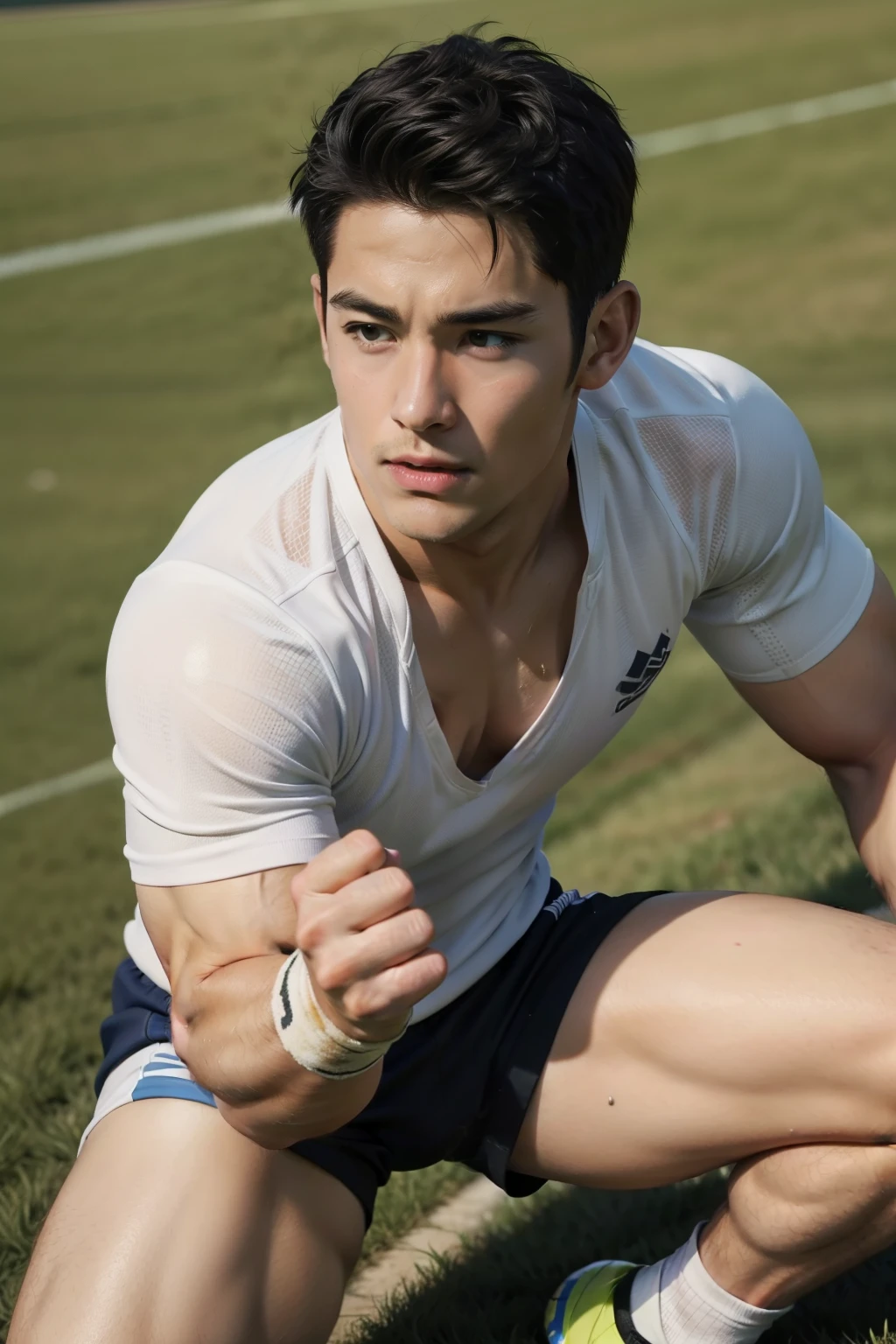 Boy on rugby field，sweat leggs，Photos during exercise，Rugby costumeasculine，Exquisite facial features，virile，musculature，rich facial detail（（The crotch is raised））closeup cleavage