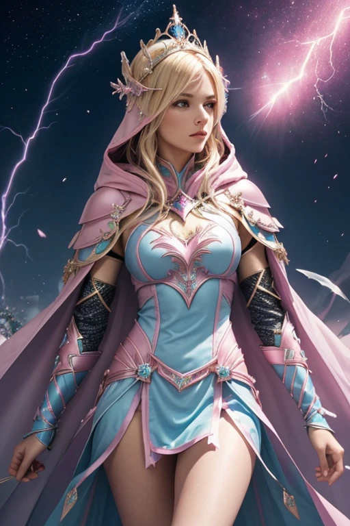 Female blond dark fantasy knight wearing an intricate elaborate futuristic light blue armor with elaborated pink ornaments, blue pointed hooded tunic no helmet, pink long cape, pink mini skirt, wearing a short staff, pink lightning, pink eclipse, magic circle behind, ethereal lightning, sharp focus