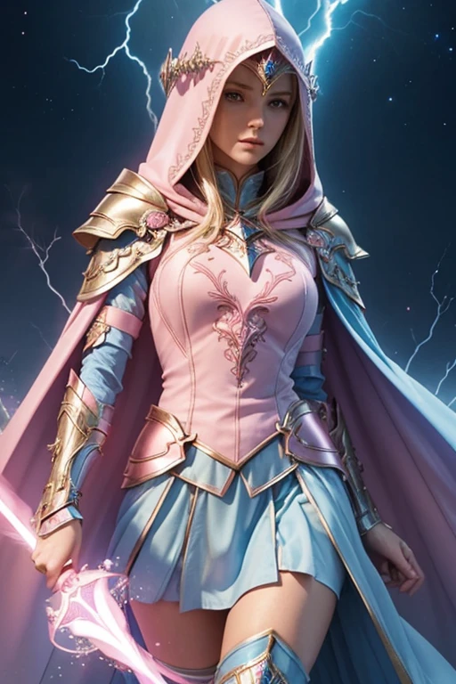 Female blond dark fantasy knight wearing an intricate elaborate futuristic light blue armor with elaborated pink ornaments, blue pointed hooded tunic no helmet, pink long cape, pink mini skirt, wearing a short staff, pink lightning, pink eclipse, magic circle behind, ethereal lightning, sharp focus