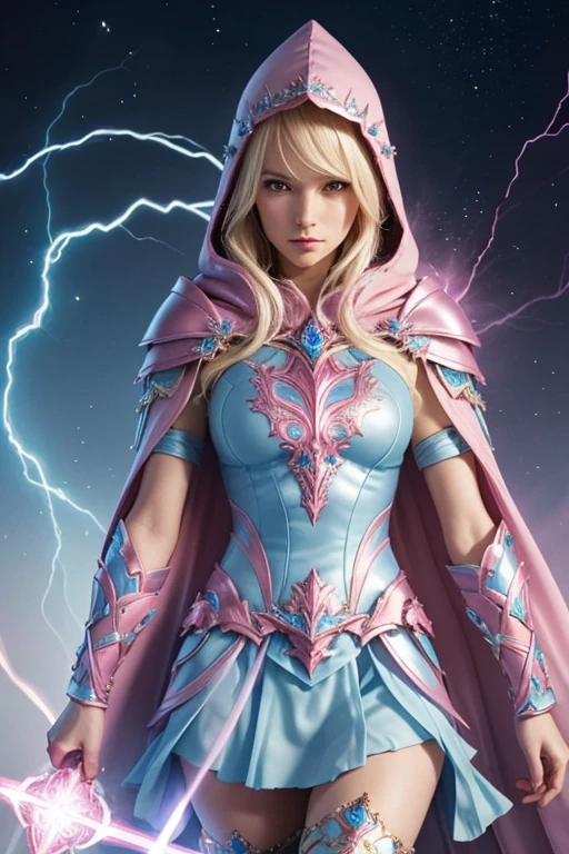 Female blond dark fantasy knight wearing an intricate elaborate futuristic light blue armor with elaborated pink ornaments, blue pointed hooded tunic no helmet, pink long cape, pink mini skirt, wearing a short staff, pink lightning, pink eclipse, magic circle behind, ethereal lightning, sharp focus