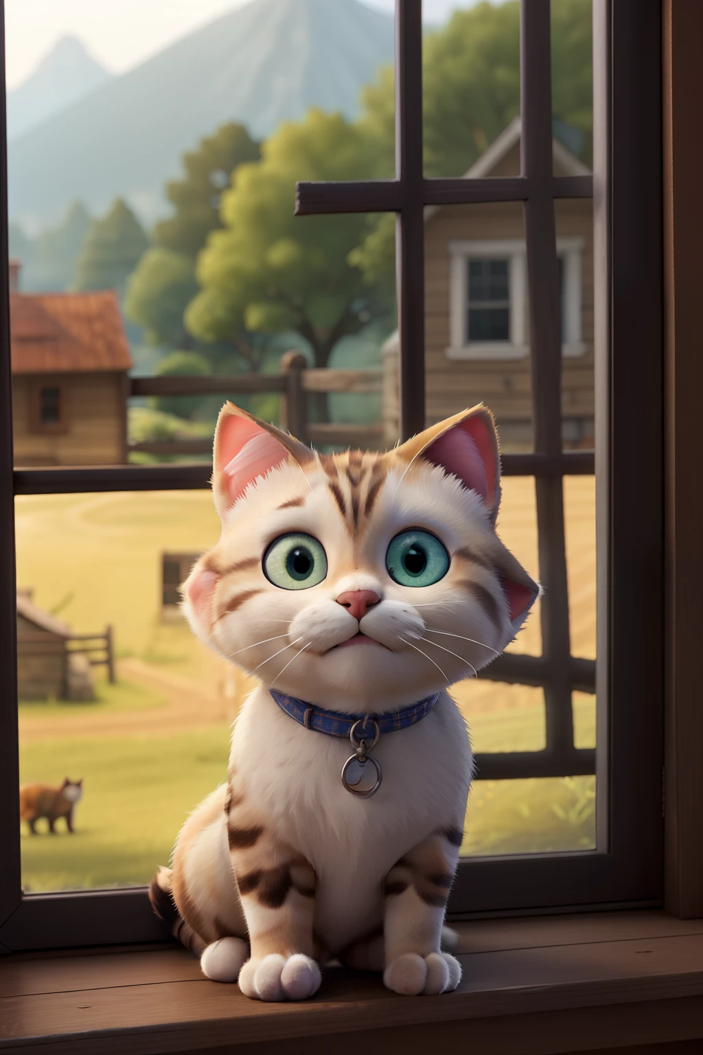 create country scene, fluffy cat sleep on the window