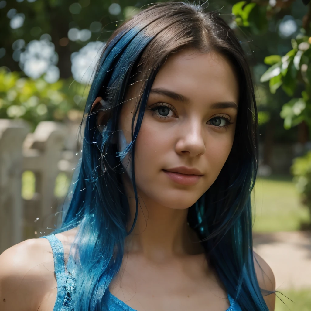 bright blue hair, long hair, bright blue hair, pretty brunette, latinas, highly detailed, 18 years old, innocent face, high resolution, masterpiece, full body, posing standing, touching her hair, has a summer dress, best intricate quality, highly detailed, sharp focus, detailed skin, realistic skin texture, texture, detailed eyes, professional, 4k, enchanting smile, blue eyes, shot with canon, 85 mm, Slight depth of field, kodak color vision, body in perfect shape, extremely detailed, Photography_\(Ultra\), Photorealistic, Realistic, Post-operative, maximum detail, Roughness, real life, UltraRealistic, photorealism, photographyy, 8k UHD, photographyy