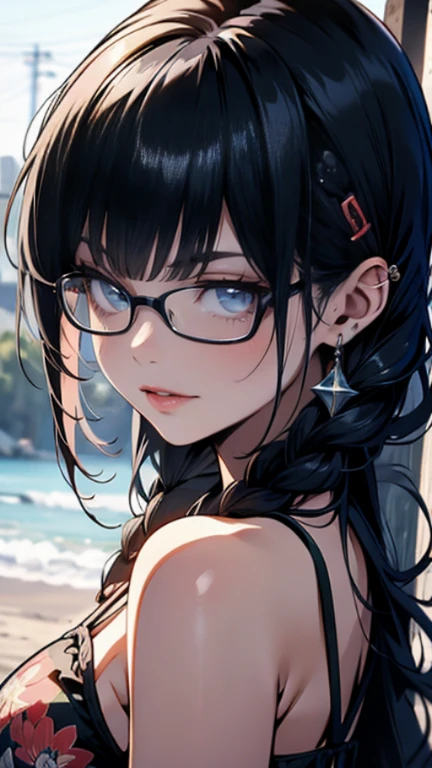 hanekawatsubasa, hanekawa tsubasa,(smile),(with sparkling eyes and a contagious smile),her pink panty pulled by self,a , long hair, black hair, hair ornament, (brown eyes:1.1), braid, hairclip, twin braids, glasses, pink bikini, outdoors, beach, looking at viewer, (masterpiece:1.2), best quality, high resolution, unity 8k wallpaper, (illustration:0.8), (beautiful detailed eyes:1.2), extremely detailed face, perfect lighting, extremely detailed CG, (perfect hands, perfect anatomy),