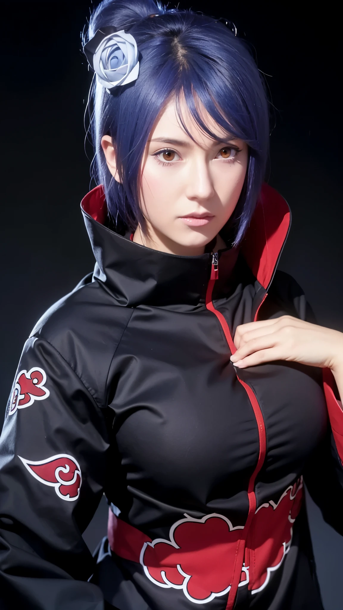 dark blue sky, many flying papers, 1 girl, ultra realistic, high res, highly detail, masterpiece, best quality, Konan of Naruto, close shot, looking at viewer, flying in the sky, sky background, konan, short hair, hair ornament, blue hair, flower, hair flower, (orange eyes:1.2), (labret piercing:1.2), eyeshadow,coat, cloak, black coat, black cloak, (akatsuki uniform:1.5), akatsuki \(naruto\), long face, oval face, 35 year old adult face ,quality photo detail .short detail , face swep HD 