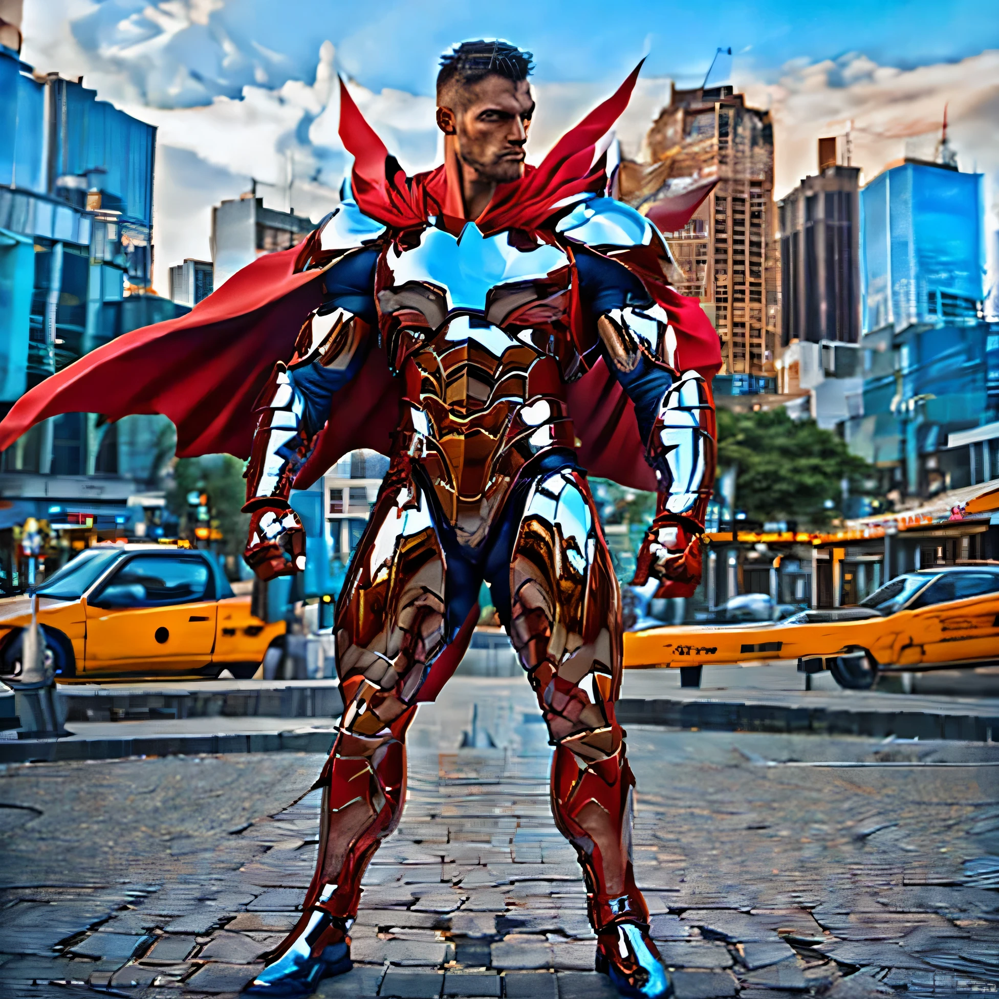 Superhero, man, 30 years old, short hair, strong angry face, red eyes, wing shoes, red armor costume, muscular body, superhero full costume, flying around center of city, lightning power on hands, full body shot