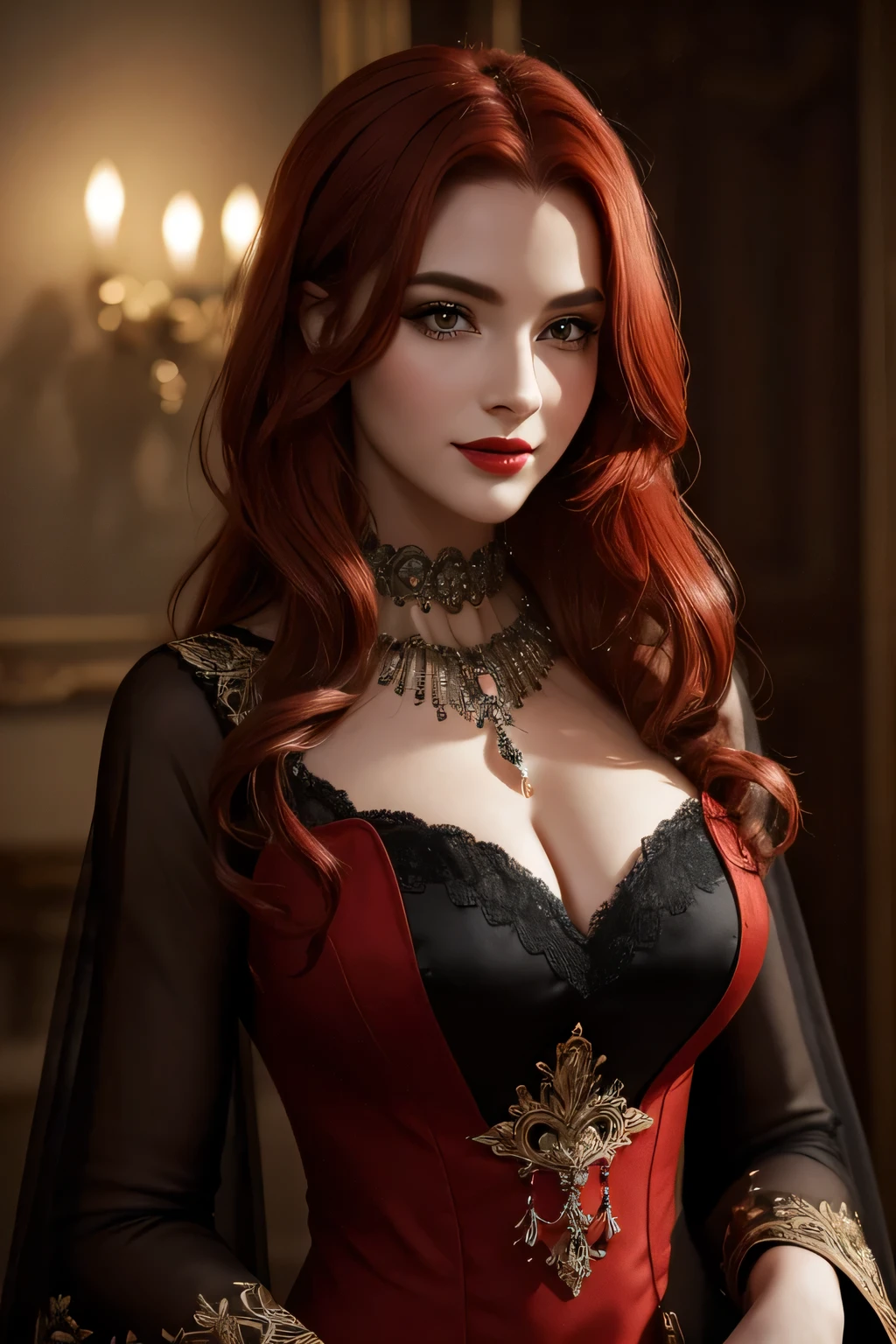 Up close face, (Masterpiece, Best Quality:1.3), absurdres, (8k resolution), illustration, ((outline, thick lineart)), (faux traditional media:1.3), looking at viewer,(masterpiece,best quality),HDR,high-definition,[[Intricate Details]],cinematic,photorealisticportrait shot, ((vivid red hair)), mature woman, 30 years old, diamond face, moonlight, red starry sky background, depth of field, magic, big red lips, ((dark black eyes)) black and red long and full dress, covered chest, mystical atmosphere, smile expression, posing, taut and well defined body, attractive. Highly realistic, pale skin, beautiful, hyperrealism, skin very elaborated, direct gaze
