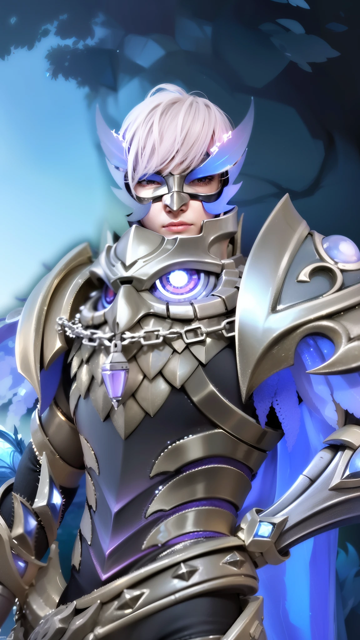 a close up of a boy in a costume with a mask, sliver ice color reflected armor, shinning armor, ice crystal armor, ice lord, grimdark paladin, wearing thunder armor, crystalline skin, wearing diamond armor, clothed in ethereal armor, ice mage, warrior platinum armor, mystical atlantean valkyrie, 8k, ultra hd, ultra detailed texture, hyper realistic, masterpiece, detailed texture, detailed face, detailed skin, detailed lighting, (photorealistic:1.5), best quality, beautiful lighting, cinematic lighting, professional lighting, ultra highres, realistic, detailed hair, real hair, high quality, (realskin:1.5), extremely detailed, finely detail, ultra-detailed