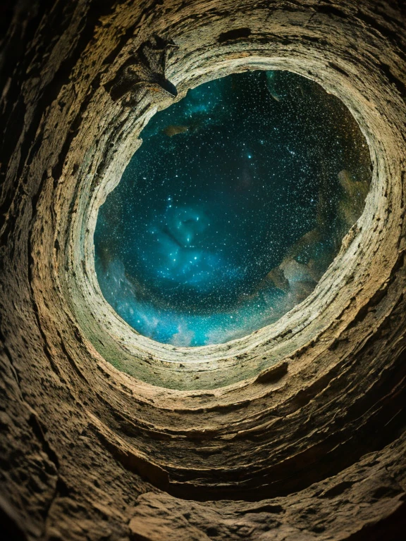 Surreal photorealistic oil and canvas painting of a prehistoric type , incredibly detailed and intricate prehistoric landscape background, con un tigre dientes de sable observando desde lejos, incluyendo pinturas rupestres en las paredes y hongos bioluminiscentes en la cueva, with constellations visible through an opening in the cave ceiling
