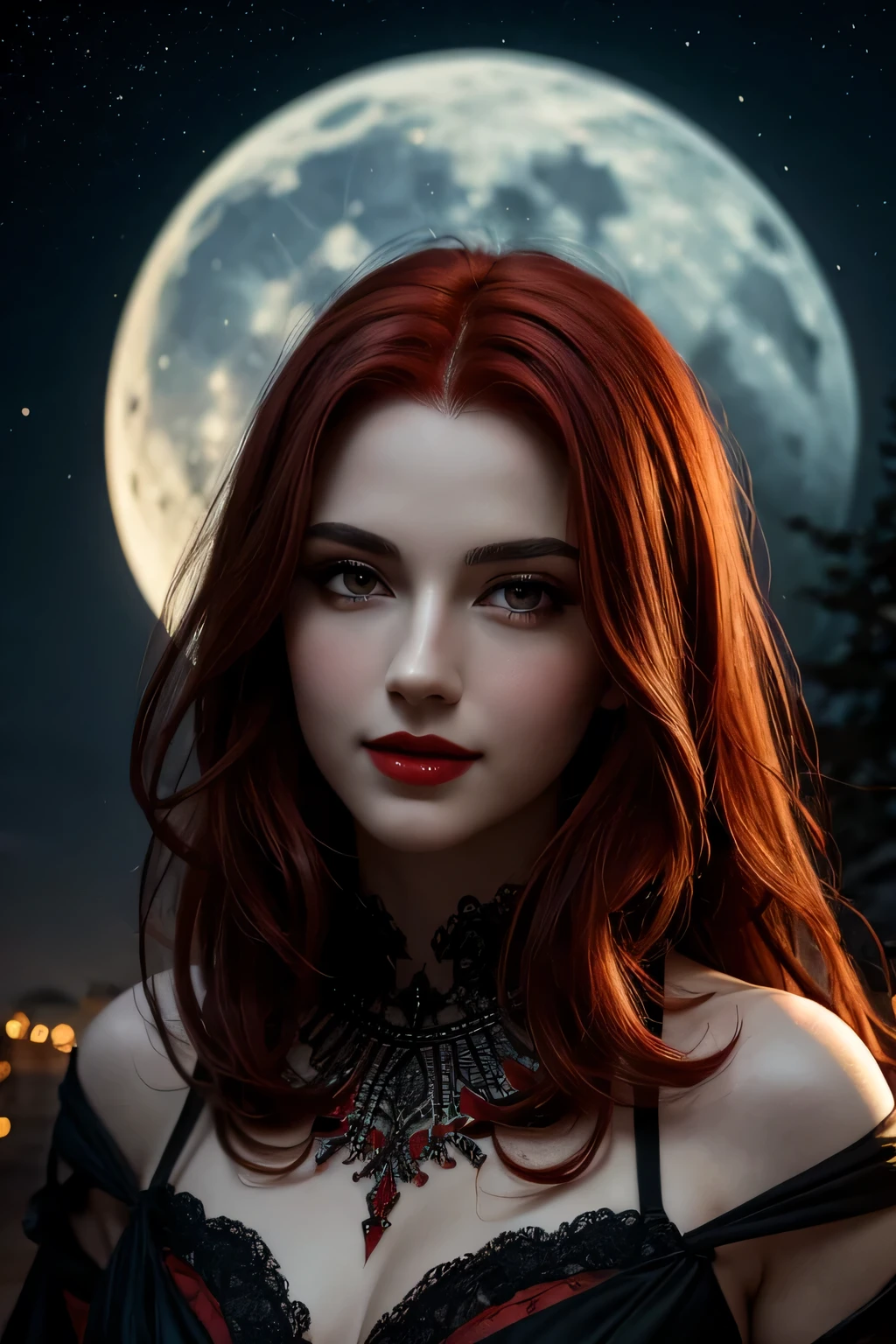 Up close face, (Masterpiece, Best Quality:1.3), absurdres, (8k resolution), illustration, ((outline, thick lineart)), (faux traditional media:1.3), looking at viewer,(masterpiece,best quality),HDR,high-definition,[[Intricate Details]],cinematic,photorealisticportrait shot, ((vivid red hair)), mature woman, 30 years old, diamond face, moonlight, red starry sky background, depth of field, magic, big red lips, ((dark black eyes)) black and red long and full dress, covered chest, mystical atmosphere, smile expression, posing, taut and well defined body, attractive. Highly realistic, pale skin, beautiful, hyperrealism, skin very elaborated, direct gaze
