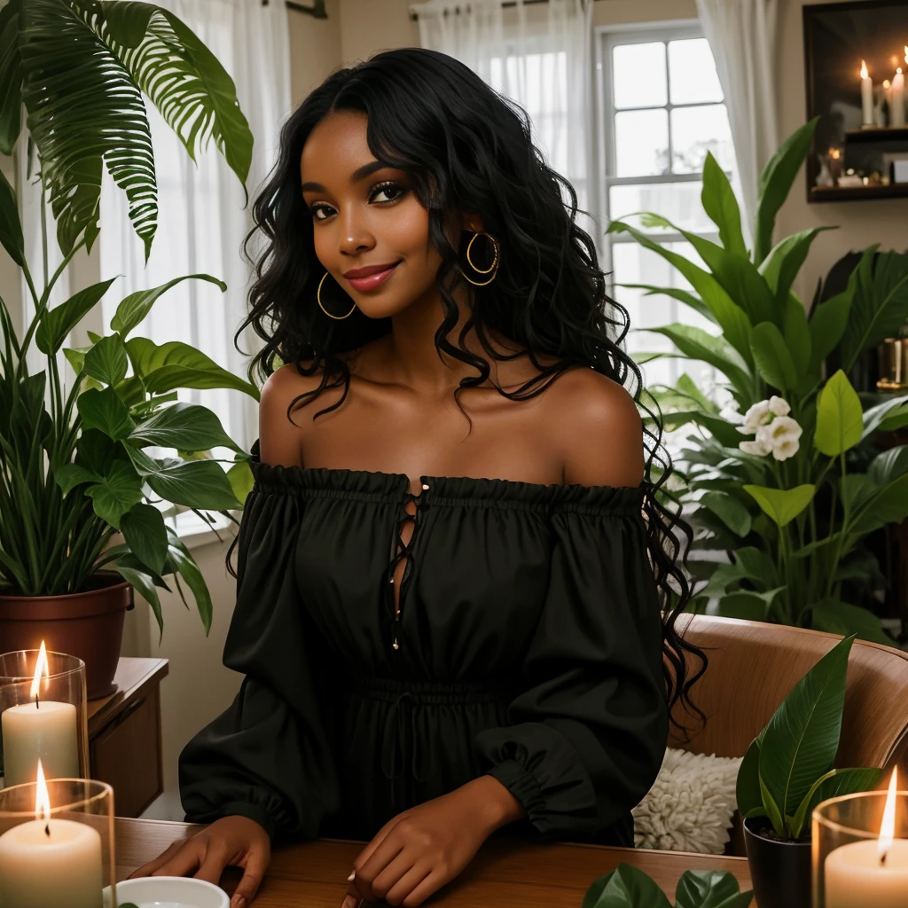 Long wavy luxurious black hair, black woman, medium brown skin tone, closed mouth smile, green off shoulder romper, candles, room full of plants in big pots, flowers, living room, decor, 