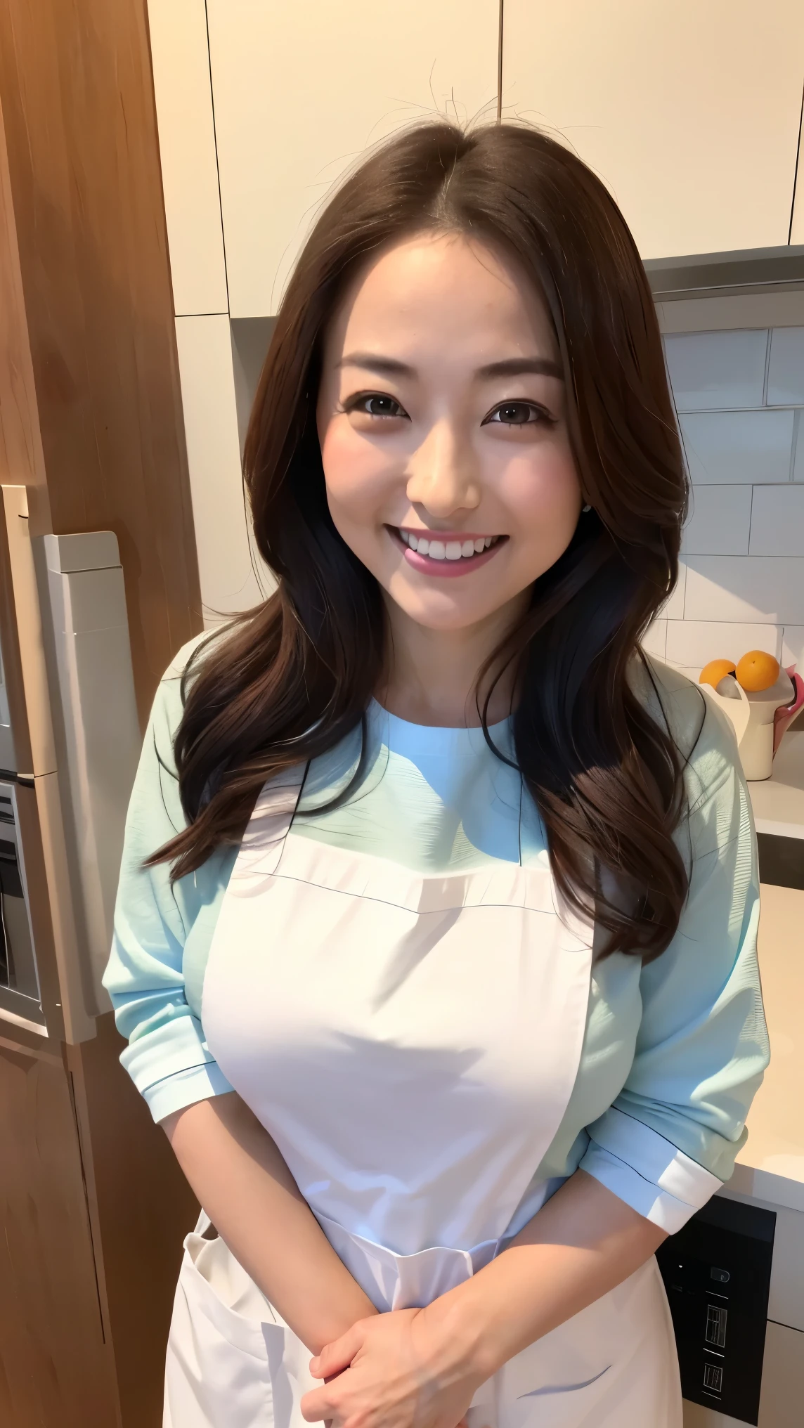 (table top、highest quality、8K、Award-winning work、ultra high resolution)、one beautiful woman、(wearing the most natural and perfect apron:1.1)、(naked apron:1.2)、long hair、(Look at me with your best smile:1.1)、(Show your beautiful teeth and have the best smile:1.1)、perfect beautiful teeth、emphasize body line、(bust up photo:1.1)、(Photo above the waist:1.2)、big breasts、(The most natural and practical kitchen:1.1)、(Perfectly organized and clean kitchen:1.1)、(modern and elegant kitchen:1.1)、(Perfect kitchen with state-of-the-art induction:1.1)、(Beautiful modern kitchen with a unified feel:1.1)、(very bright:1.2)、(very bright and vivid:1.2)、bright、very bright、that&#39;It&#39;s very vivid、the most vivid、High chroma、radiant beautiful skin、A refreshing and beautiful perfect window、ultra high resolutionのperfect beautiful teeth、(Ultra high definition glossy skin:1.1)、(very brightly lit、bright and glowing skin:1.2)、Super high-definition sparkling eyes、(accurate anatomy:1.1)、(the most elegant and perfect posture:1.1)、big breasts