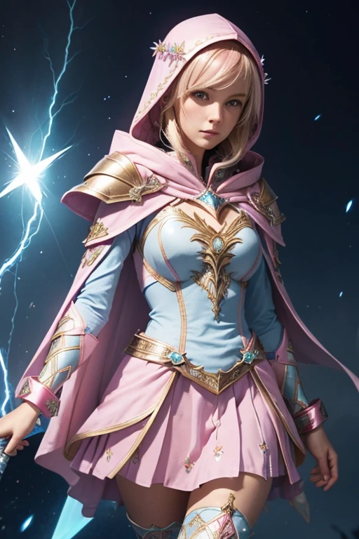 Female blond dark fantasy knight wearing an intricate elaborate futuristic light blue armor with elaborated pink ornaments, blue pointed hooded tunic no helmet, pink short cape, pink short mini skirt, wearing a short staff, pink lightning, pink eclipse, magic circle behind, ethereal lightning, sharp focus
