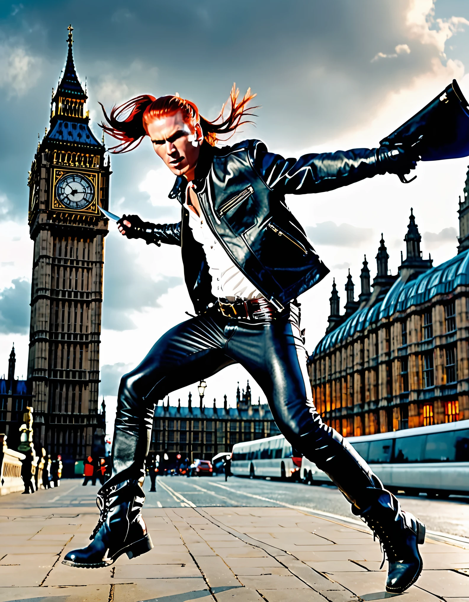 portuguese male, tall male, dynamic running pose, red hair, long hair, braided ponytail, serial killer, flamboyant, (black leather jacket, white shirt, tight pants, holding weapon, throwing knives,) leather gloves, leather cowboy boots, punk, ninja, london backdrop, big ben, cowboy shot, midnight, helicopters hovering in the sky, full body costume design