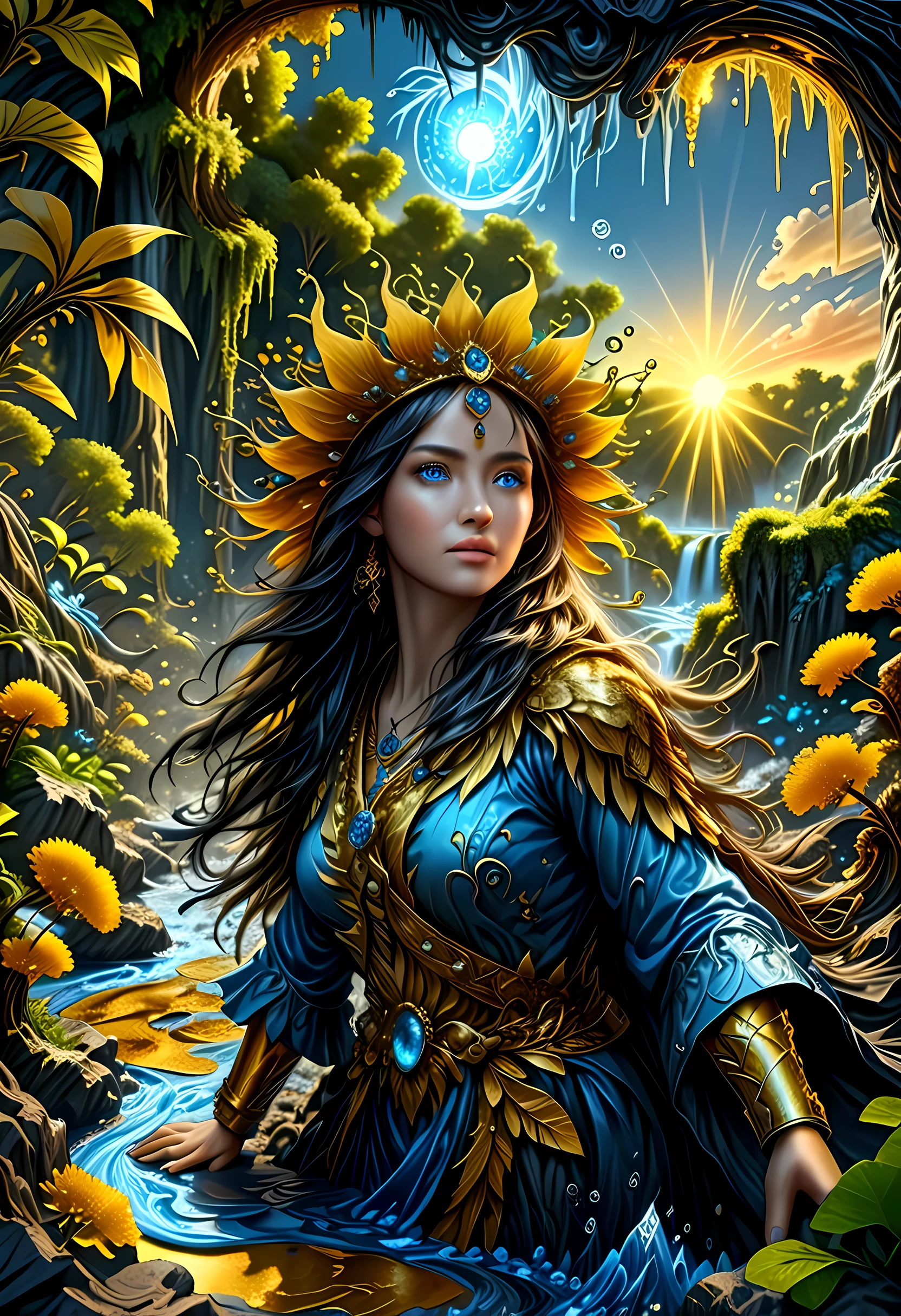 high details, best quality, 16k, [ultra detailed], masterpiece, best quality, (extremely detailed), dynamic angle, ultra wide shot, RAW, photorealistic, fantasy art, realistic art, DonML1quidG0ldXL, a female druid (intricate details, Masterpiece, best quality: 1.5) in a jungle, a female wearing (gold leaf: 1.1) clothes intricate details, Masterpiece, best quality: 1.4), leather boots, thick hair, long hair, black hair, intense (blue: 1.3) eyes, vibrant jungle (intense details), plenty of plant life, vines coming from trees, many jungle trees (1.3 intricate details, Masterpiece, best quality), vines, a river flowing, sun light, golden light. dynamic angle, (intricate details, Masterpiece, best quality: 1.5) , 2.5 rendering, high details, best quality, highres, ultra wide angle