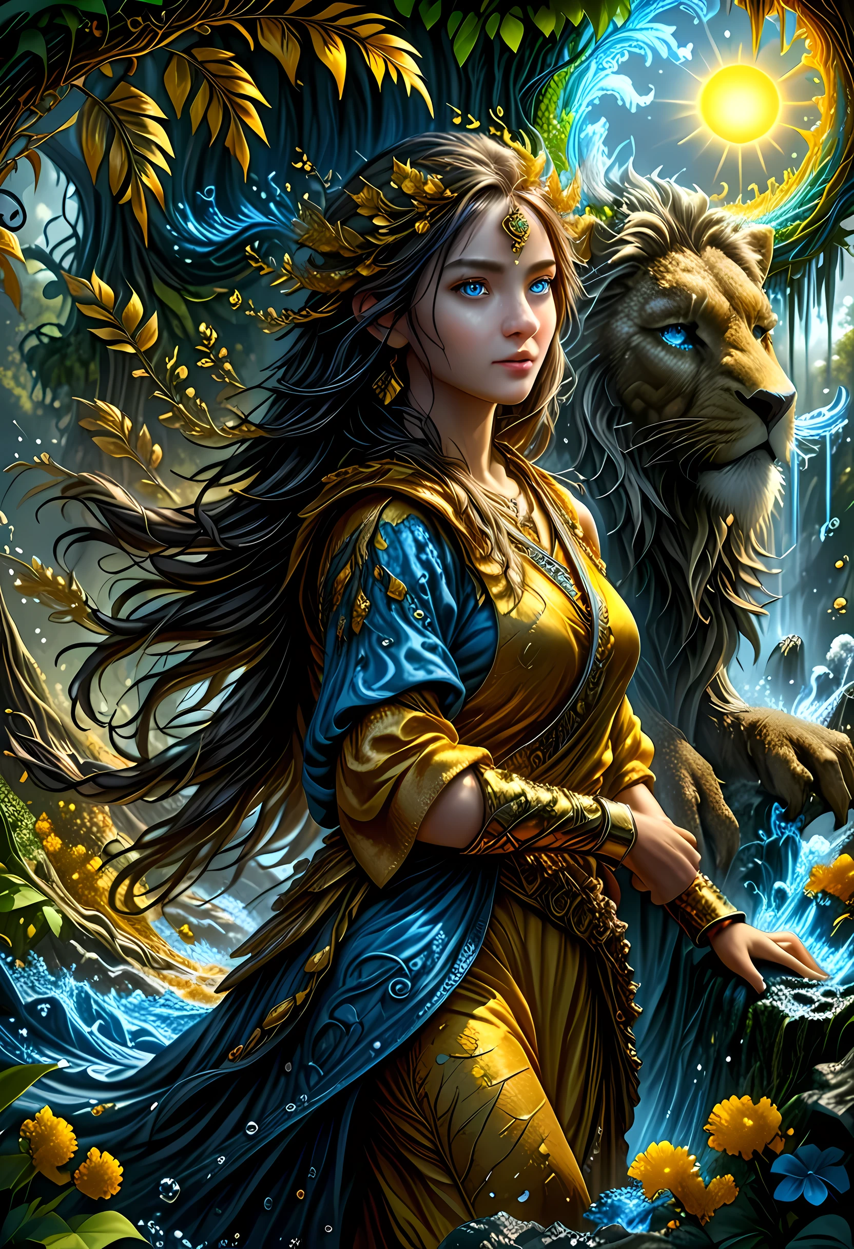 high details, best quality, 16k, [ultra detailed], masterpiece, best quality, (extremely detailed), dynamic angle, ultra wide shot, RAW, photorealistic, fantasy art, realistic art, DonML1quidG0ldXL, a female druid (intricate details, Masterpiece, best quality: 1.5) in a jungle, a female wearing (gold leaf: 1.1) clothes intricate details, Masterpiece, best quality: 1.4), leather boots, thick hair, long hair, black hair, intense (blue: 1.3) eyes, vibrant jungle (intense details), plenty of plant life, vines coming from trees, many jungle trees (1.3 intricate details, Masterpiece, best quality), vines, a river flowing, sun light, golden light. dynamic angle, (intricate details, Masterpiece, best quality: 1.5) , 2.5 rendering, high details, best quality, highres, ultra wide angle