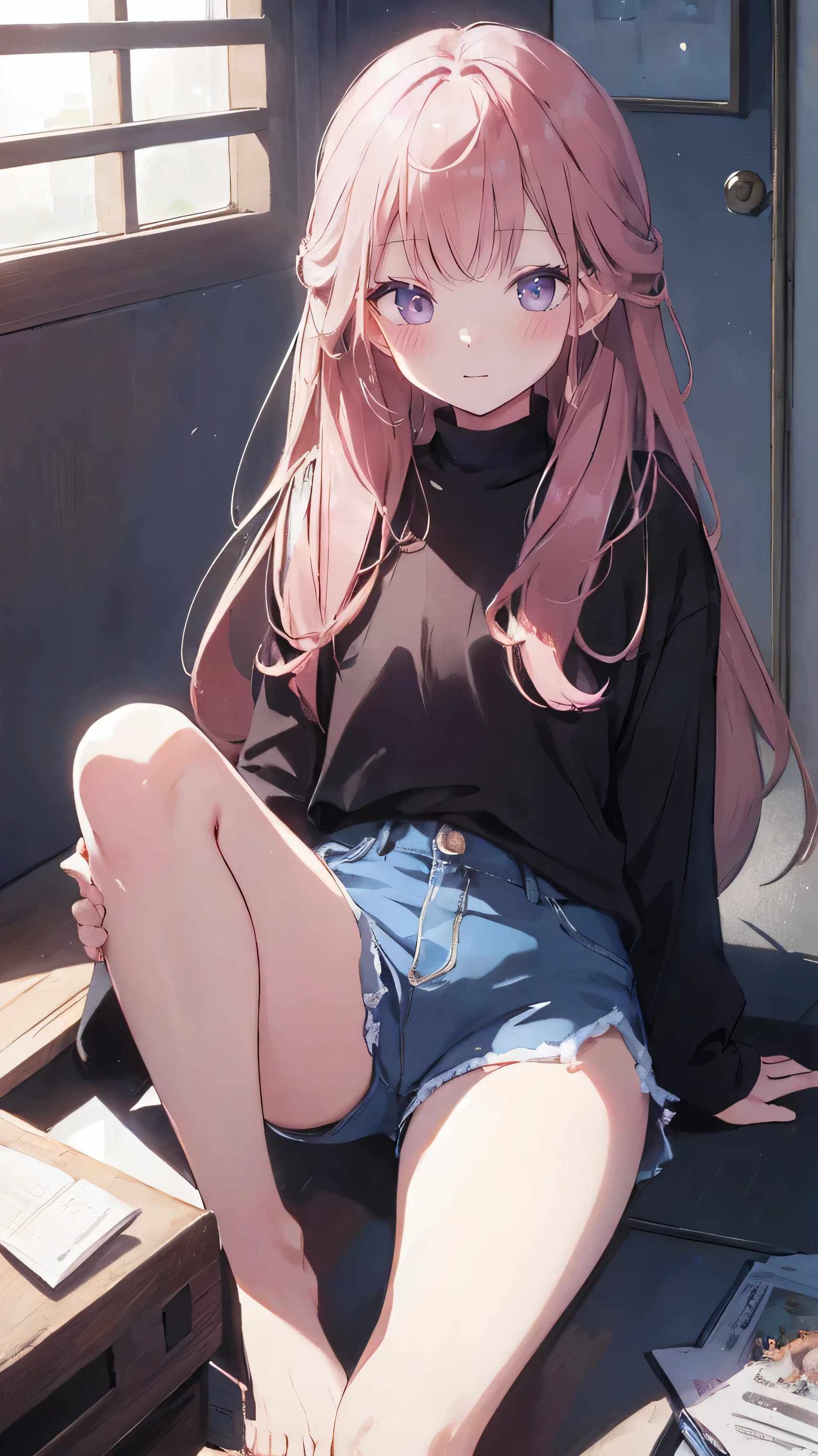 master piece、Highest image quality、highest quality、 ((panic))、glossy hair quality、small face、sitting、Super detailed and beautiful bright eyes、Super detailed clear and beautiful face、(cute illustration:1.2), High-resolution, ultra-detailed, best quality, embarrassed、(cute underwear)、(Gaps in shorts)