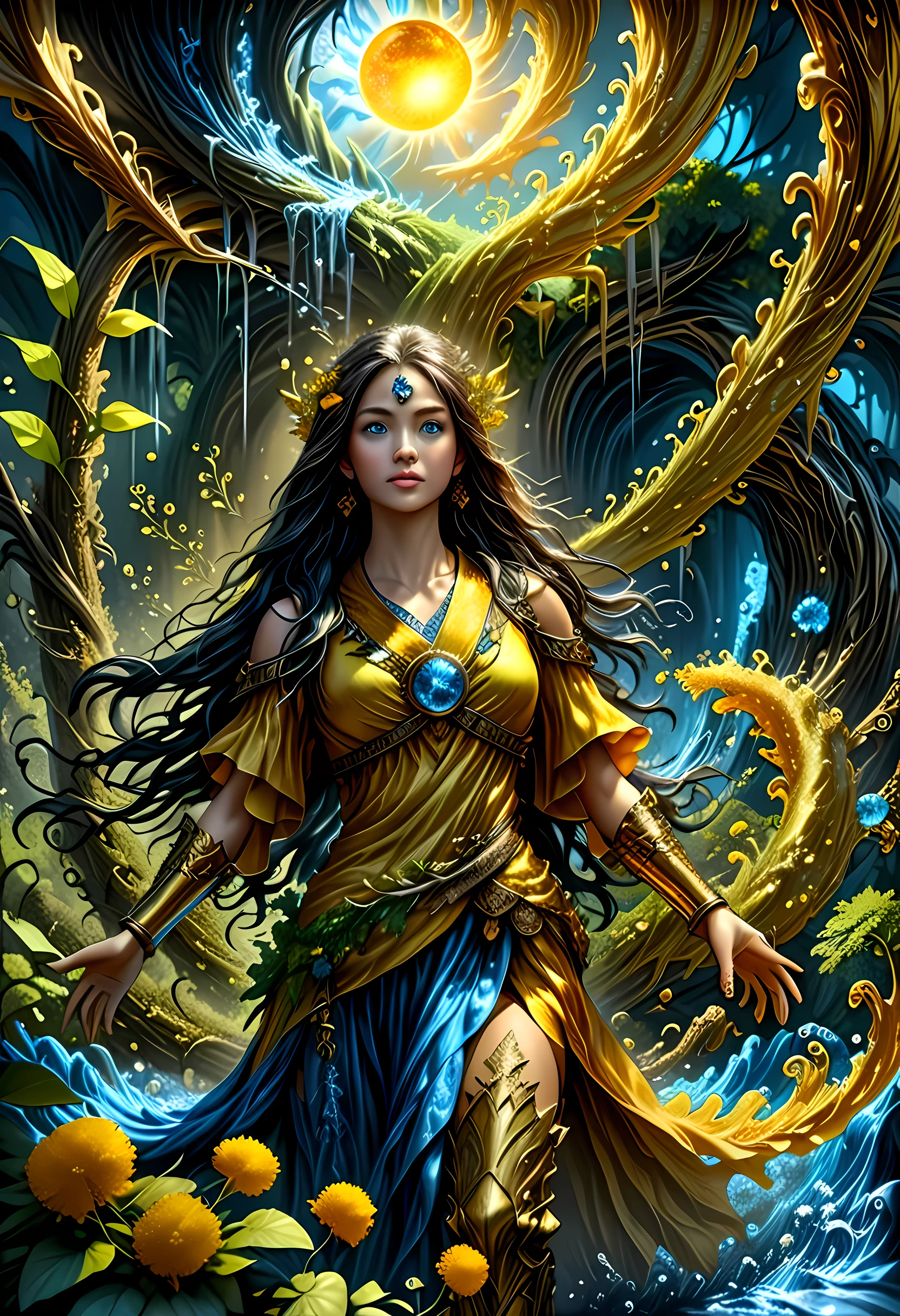 high details, best quality, 16k, [ultra detailed], masterpiece, best quality, (extremely detailed), dynamic angle, ultra wide shot, RAW, photorealistic, fantasy art, realistic art, DonML1quidG0ldXL, a female druid (intricate details, Masterpiece, best quality: 1.5) in a jungle, a female wearing (gold leaf: 1.1) clothes intricate details, Masterpiece, best quality: 1.4), leather boots, thick hair, long hair, black hair, intense (blue: 1.3) eyes, vibrant jungle (intense details), plenty of plant life, vines coming from trees, many jungle trees (1.3 intricate details, Masterpiece, best quality), vines, a river flowing, sun light, golden light. dynamic angle, (intricate details, Masterpiece, best quality: 1.5) , 2.5 rendering, high details, best quality, highres, ultra wide angle