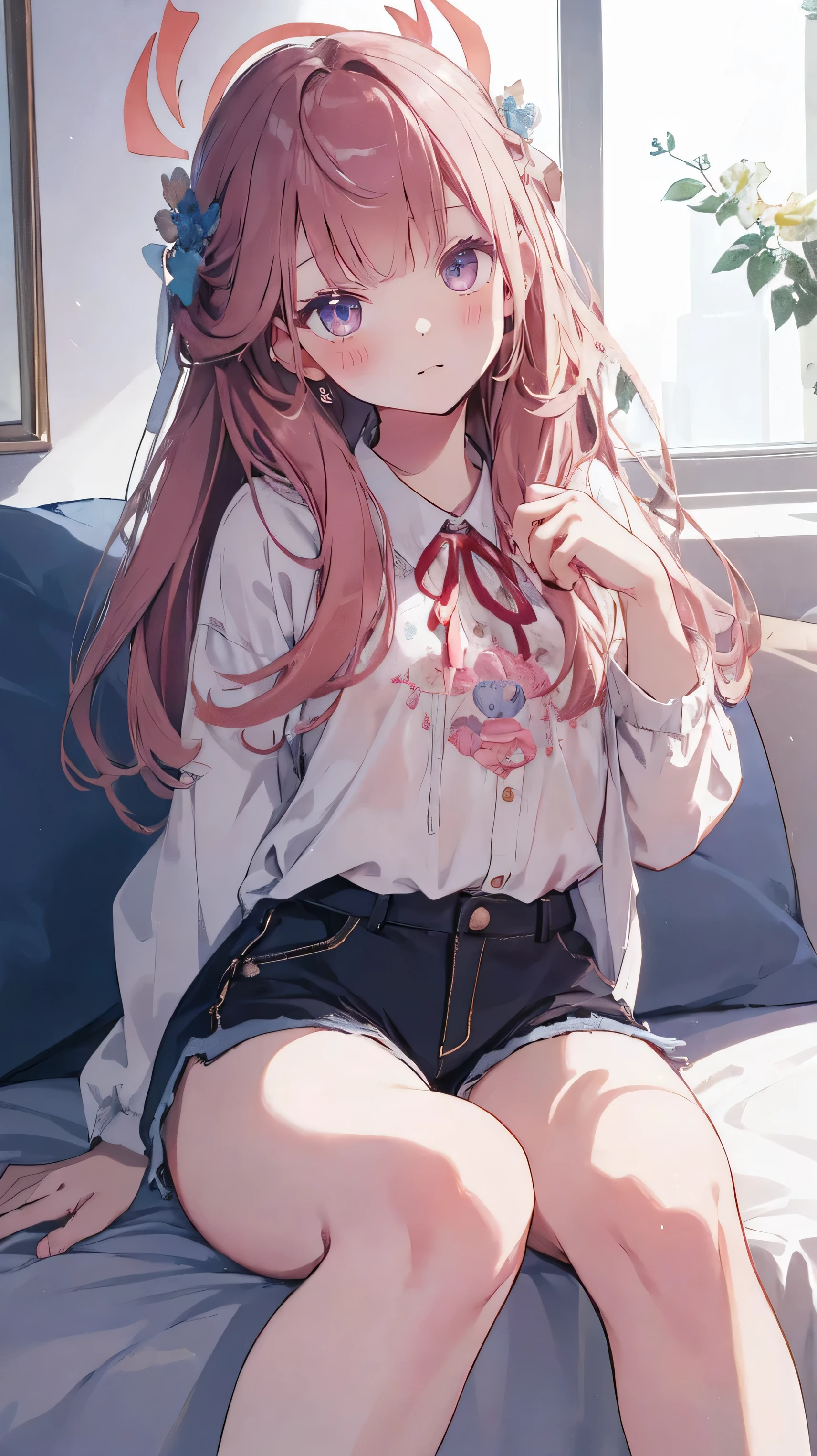 master piece、Highest image quality、highest quality、 ((panic))、glossy hair quality、small face、sitting、Super detailed and beautiful bright eyes、Super detailed clear and beautiful face、(cute illustration:1.2), High-resolution, ultra-detailed, best quality, embarrassed、(cute underwear)、(Gaps in shorts)