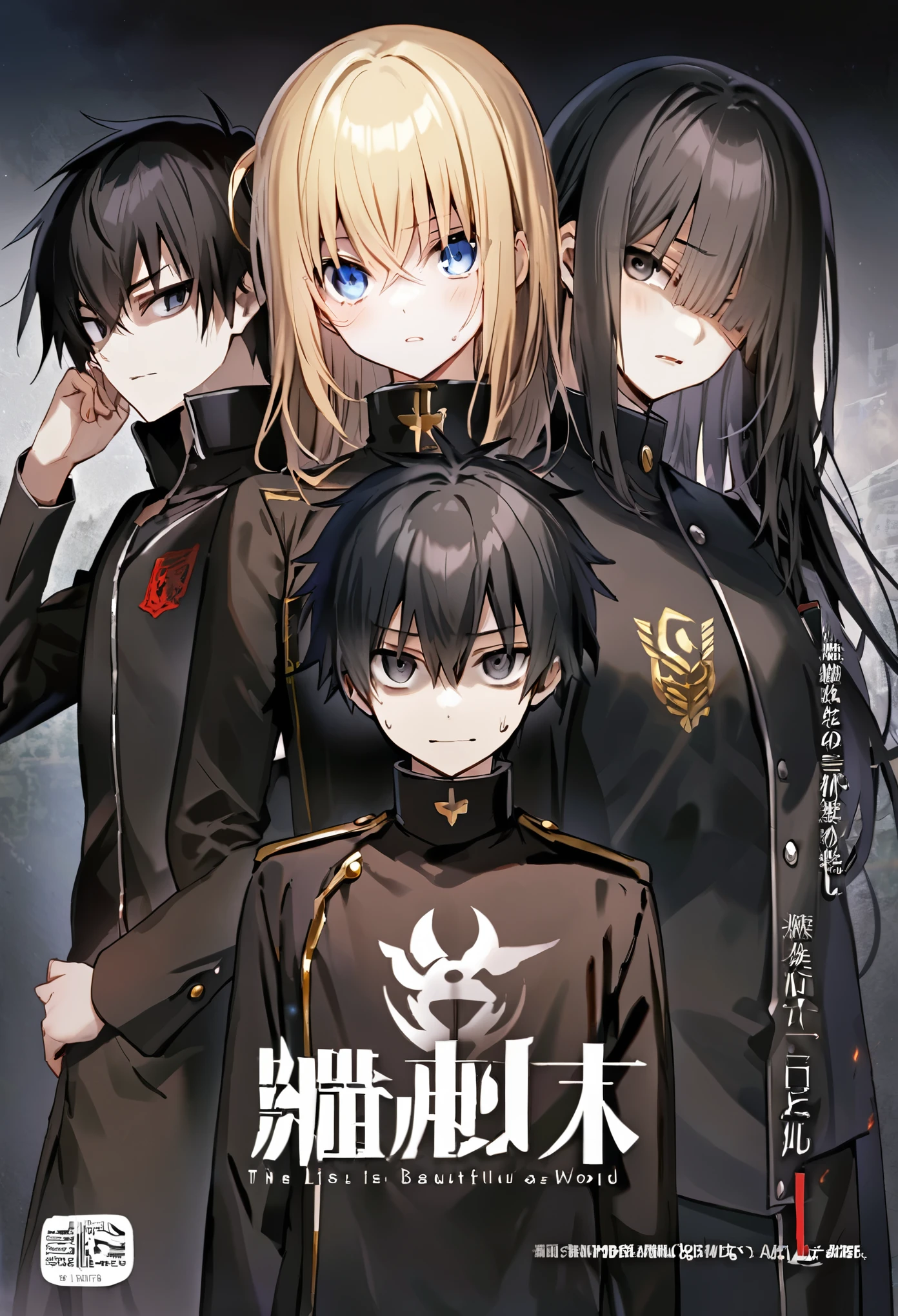 a young man with black hair, his face is serious. he is thin and his hair is messy, his eyes are dark. cover of the light novel, behind him there is a beautiful girl with short black hair, next to her is a boy with shaved blond hair with a delinquent appearance and a sadistic face. They all wear the same black uniform with a golden bird insignia on the chest. best quality, work of art, perfect face. the image is dark like the tokyo ghoul cover