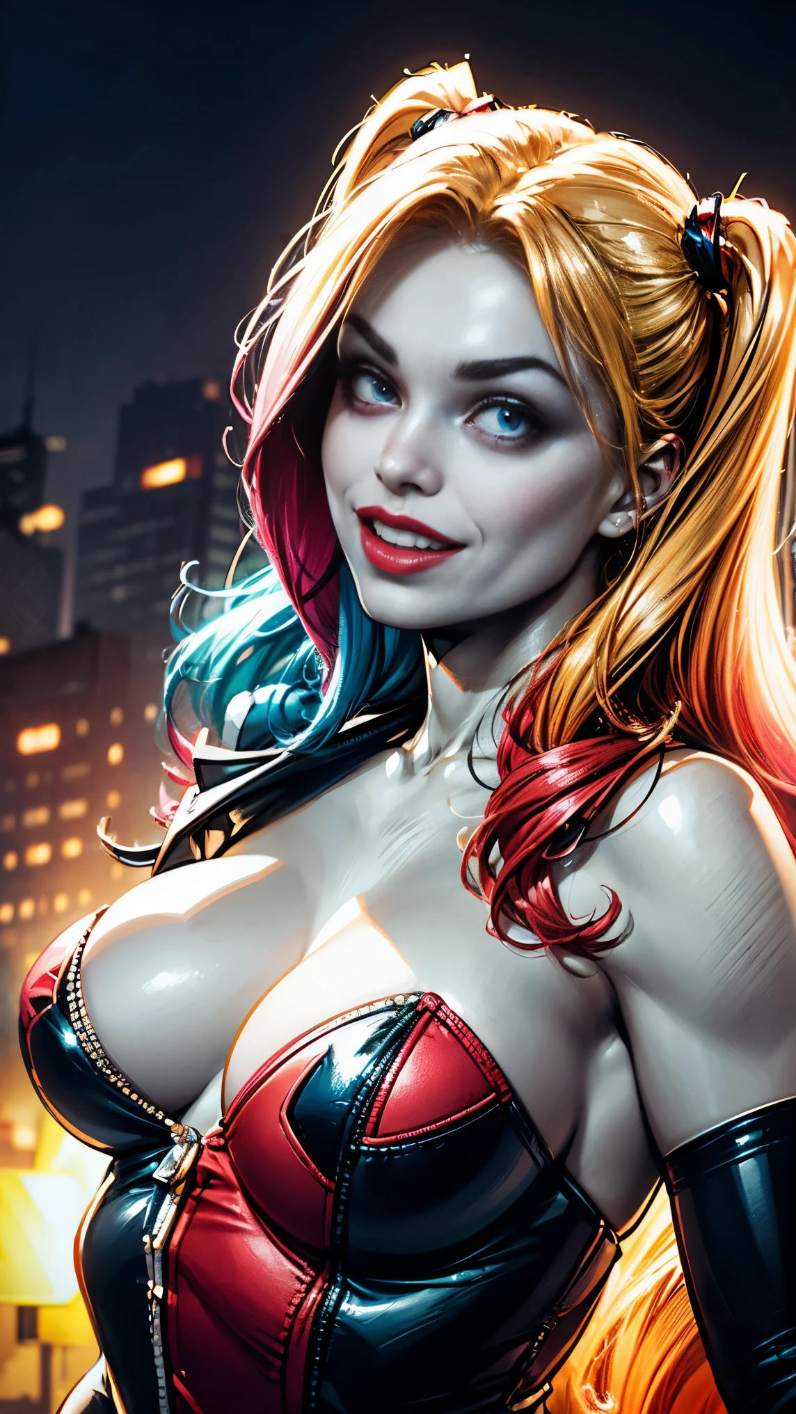 (best quality,4k,8k,highres,masterpiece:1.2),ultra-detailed,realistic, vibrant portrait of Harley Quinn, a fictional character from DC Comics, with a wide open smile, showing her teeth. She is wearing a colorful outfit predominantly in black, white, and with details in red, blue, and pink. Her eyes are sparkling and playful, with a mischievous glint, reflecting her lively and vibrant personality. Her face is beautifully crafted, with sharp and defined features, including beautifully detailed eyes and lips. Harley Quinn's eyes are bright and captivating, with a touch of mischief in them. Her lips have a vibrant red color, adding a bold and alluring charm to her smile. The artwork is created using a mix of digital illustration and fine art techniques, resulting in a visually striking and captivating image. The overall composition showcases Harley Quinn in a dynamic pose, radiating confidence and a playful demeanor. The background incorporates elements of Gotham City, with a hint of darkness and mystery, contrasting with Harley's vibrant and colorful presence. The lighting is dramatic, with subtle highlights and shadows, emphasizing the contours of Harley's face and adding depth to the image. The colors are vivid and bold, creating a visually stunning contrast and enhancing the energetic vibe of the artwork. The entire piece captures the essence of Harley Quinn's character, portraying her as a strong and charismatic figure, while also showcasing her playful and mischievous nature. The level of detail is extraordinary, allowing for a highly realistic and immersive experience. This masterpiece is a true celebration of Harley Quinn's iconic persona, bringing her to life in a captivating and vibrant portrait.