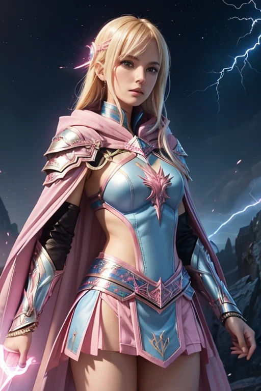 Female blond dark fantasy knight wearing an intricate elaborate futuristic blue armor with elaborated pink ornaments, blue pointed hooded tunic no helmet, pink short cape, pink short mini skirt, wearing a short staff, pink lightning, pink eclipse, magic circle behind, ethereal lightning, sharp focus