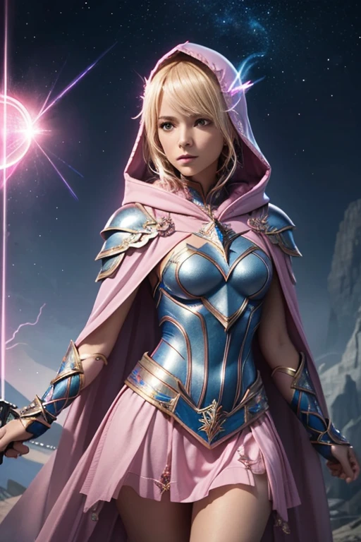 Female blond dark fantasy knight wearing an intricate elaborate futuristic blue armor with elaborated pink ornaments, blue pointed hooded tunic no helmet, pink short cape, pink short mini skirt, wearing a short staff, pink lightning, pink eclipse, magic circle behind, ethereal lightning, sharp focus