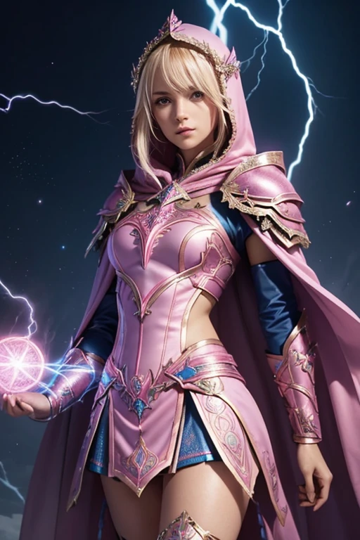 Female blond dark fantasy knight wearing an intricate elaborate futuristic blue armor with elaborated pink ornaments, blue pointed hooded tunic no helmet, pink short cape, pink short mini skirt, wearing a short staff, pink lightning, pink eclipse, magic circle behind, ethereal lightning, sharp focus
