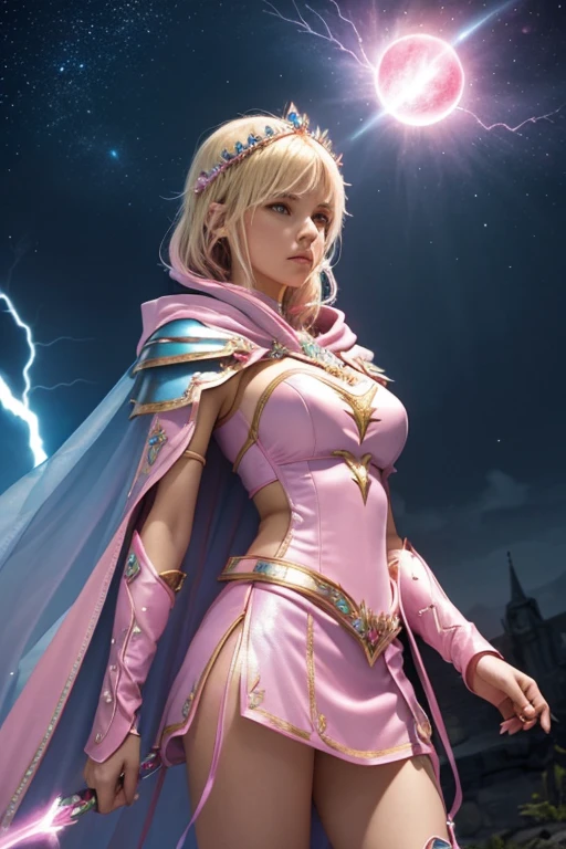 Female blond dark fantasy knight wearing an intricate elaborate futuristic light blue armor with elaborated pink ornaments, blue pointed hooded tunic no helmet, pink short cape, pink short mini skirt, wearing a short staff, pink lightning, pink eclipse, shiny stars behind,magic circle behind, ethereal lightning, sharp focus