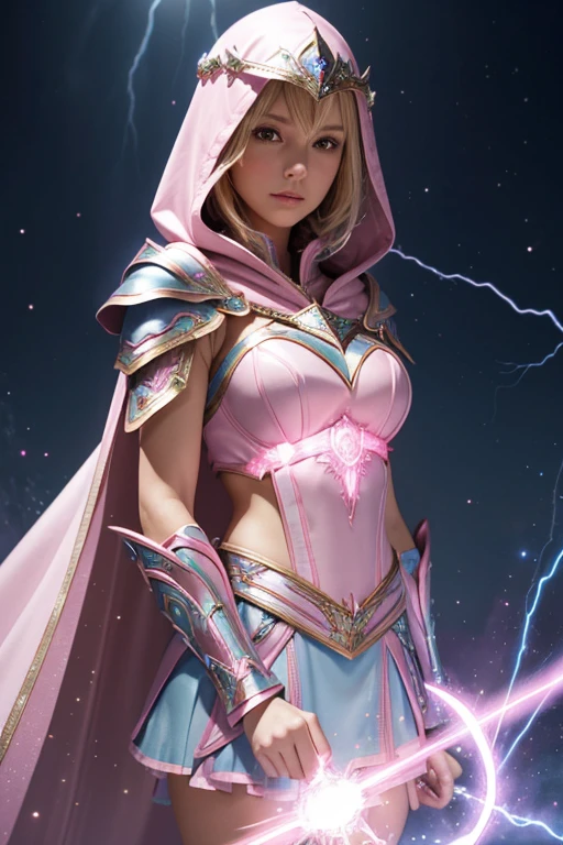 Female blond dark fantasy knight wearing an intricate elaborate futuristic light blue armor with elaborated pink ornaments, blue pointed hooded tunic no helmet, pink short cape, pink short mini skirt, wearing a short staff, pink lightning, pink eclipse, shiny stars behind,magic circle behind, ethereal lightning, sharp focus