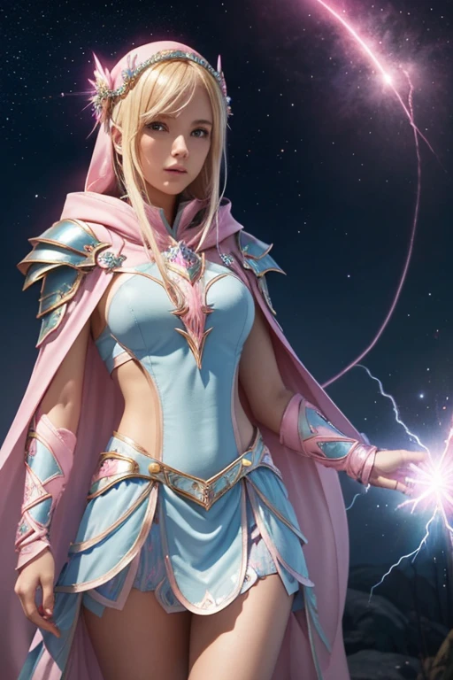 Female blond dark fantasy knight wearing an intricate elaborate futuristic light blue armor with elaborated pink ornaments, blue pointed hooded tunic no helmet, pink short cape, pink short mini skirt, wearing a short staff, pink lightning, pink eclipse, shiny stars behind,magic circle behind, ethereal lightning, sharp focus
