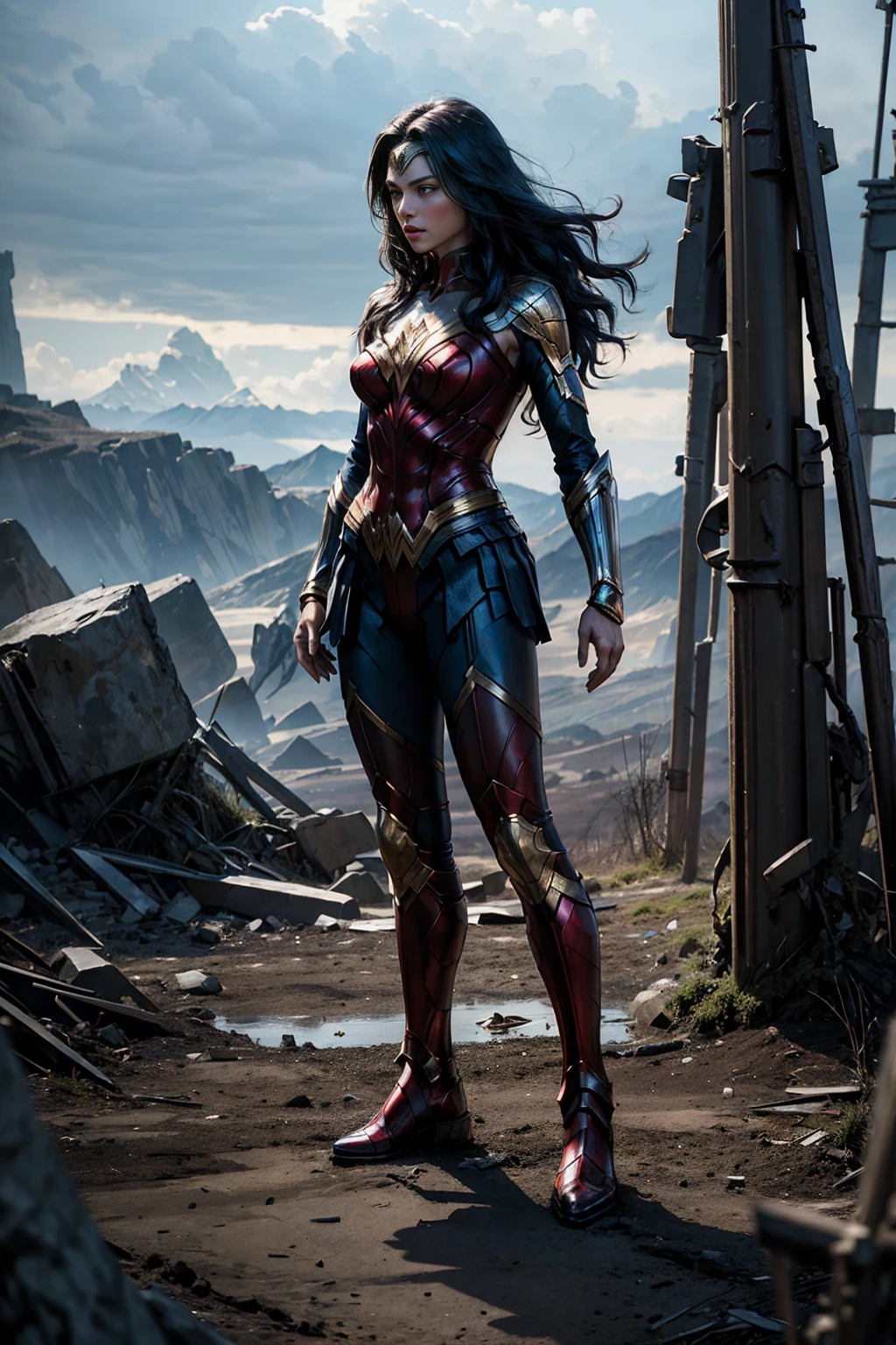 ((Full body photo, standing, feet on the ground))  a scene from a movie Expansive landscapes dark fantasy image full - length dark force dominated evil superheroine alias Wonder Woman alliance action scene, dramatic, cinematic style, Ethereal landscapes, Vibrant colors, Intricate details