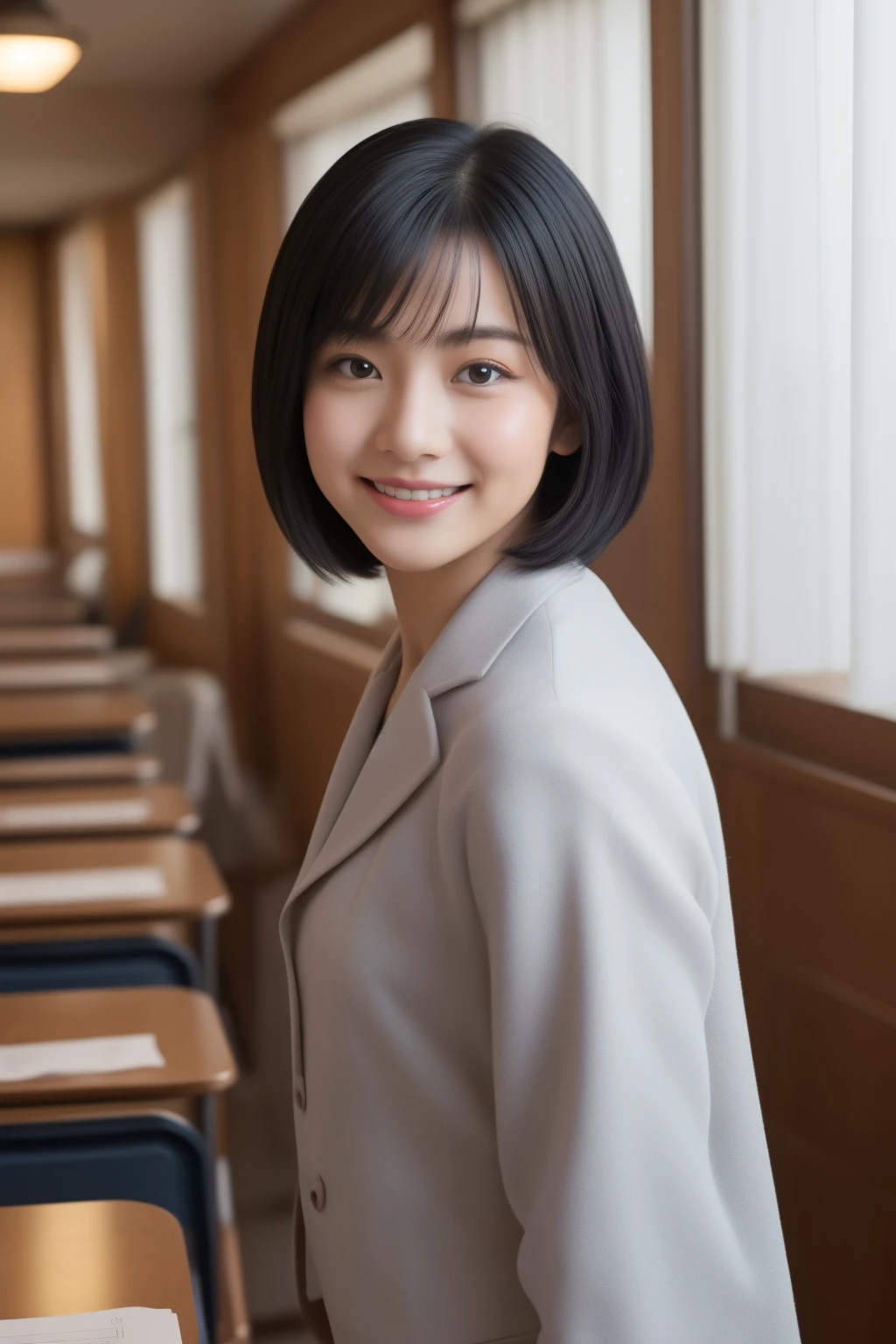 ((8K:1.27、highest quality、masterpiece、超A high resolution:1.2))、 beautiful japanese woman、 (High School Teacher:1.3)、1 girl、Teacher's costume、big bust:1.5、valley、black hair、black eye、short hair、Beautiful woman、high school classroom、evening、enchanting smile、((perfect anatomy、beautiful limbs,healthy body、beautiful skin))、natural body、professional lighting、professional photography、gravure、