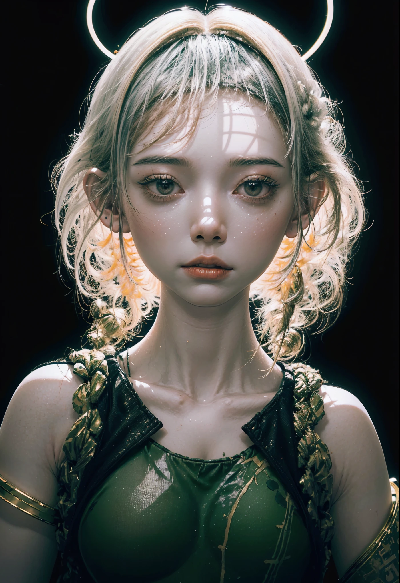 ((Create one girl 16+ years old.), (Full-length), (1 elf), (1 girl), (sexy), (One, bangs, dyed red hair) (White cyber-skull armor), ( long black tights with gloves),(wearing black outfit, holding sword, Ross Tran 8k, 3D character rendering 8K, Ross Tran style, Russell Dongjun Lu, Ross Tran style))_((Green:1.5, Orange:1.1, white: 1.3, yellow: 1.3))_ ((very sexy girl with dreadlocks, tattoos, bare parts of the body), ((down jacket on the naked body, T-shirt, thong))_((Beautiful figure, half-turn 16+ years) ,(realistic)), ((small peach breasts, graceful figure, narrow waist, smooth hips), (long double braids), (tight braids), (braided hair), (dark hair), (red lips), (smile ))_((Shiny skin:1.5, white skin, light skin:1.5)), ((sexy), (cute))_((amazing character designs, quiz style artwork, hyper detailed fantasy character, by Ross Tran!!!, ross-draws 1. 0, epic exquisite character art)).((Fractals, lights, leaves, fog, cherry blossoms, circles background))_((Chiaroscuro, contrast, warm-cold), (atmospheric rendering), (best quality), (Virtual realism))_((Digital painting, anime style, cyberpunk), (best quality, 4k, high resolution, masterpiece: 1.2))((ultradetailed), (realistic, photorealistic , photorealism: 1.37))_((Soft clear shapes, broad strokes, attention to detail))_((High quality, 16K | Ultra HD | Full HD)).