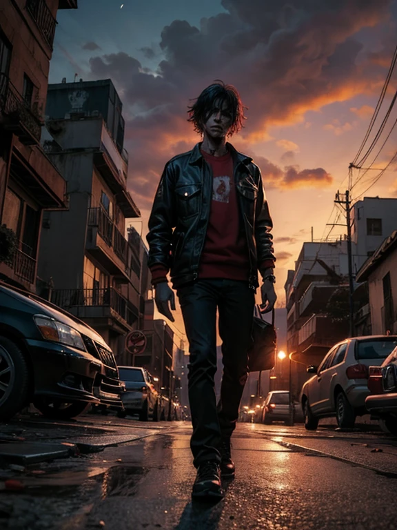 un hombre con ojos rojos y cabello ?????, Una escena inquietante de una ciudad urbana en medio de un apocalipsis zombie, Una horda de vagabundos, Scruffy zombies shuffle along the city's cracked and damaged roads, sus rostros distorsionados en expresiones grotescas. El cielo sobre nuestras cabezas es inquietantemente rojo sangre., arrojando un tono siniestro sobre la escena, mientras una luna roja como la sangre se cierne grande y siniestra en el cielo, El ambiente es tenso y premonitorio., with a feeling of impending doom