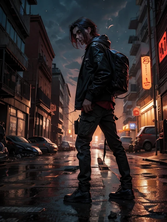 un hombre con ojos rojos y cabello negro, Una escena inquietante de una ciudad urbana en medio de un apocalipsis zombie, Una horda de vagabundos, Scruffy zombies shuffle along the city's cracked and damaged roads, sus rostros distorsionados en expresiones grotescas. El cielo sobre nuestras cabezas es inquietantemente rojo sangre., arrojando un tono siniestro sobre la escena, mientras una luna roja como la sangre se cierne grande y siniestra en el cielo, El ambiente es tenso y premonitorio., with a feeling of impending doom