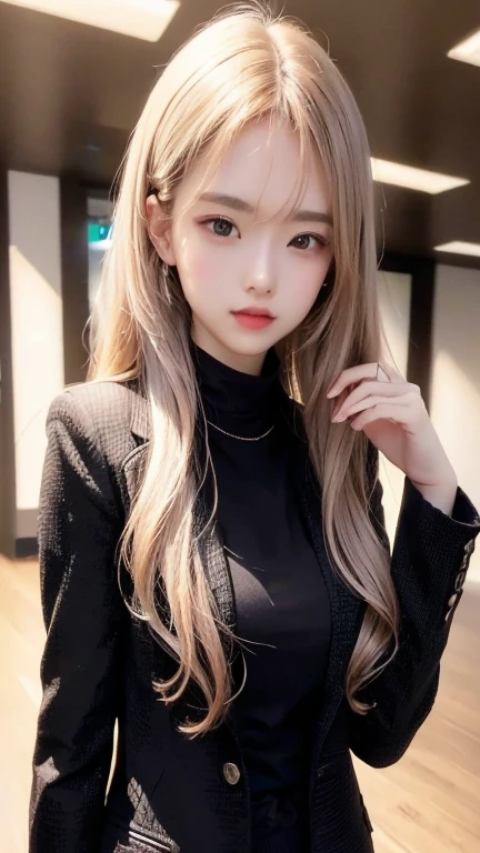Girl with long brown hair, black jacket and black shirt