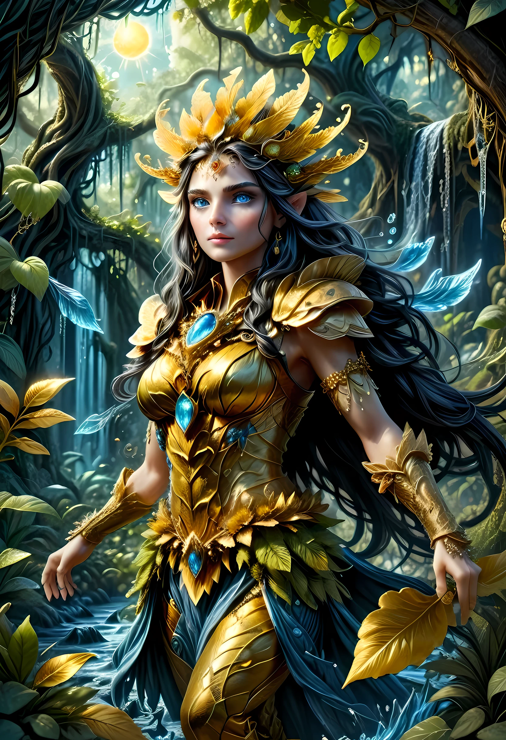(gold leaf art: 1.5) high details, best quality, 16k, [ultra detailed], masterpiece, best quality, (extremely detailed), dynamic angle, ultra wide shot, RAW, photorealistic, fantasy art, realistic art, a female druid (intricate details, Masterpiece, best quality: 1.5) in a jungle, a female wearing (gold leaf: 1.3) clothes intricate details, Masterpiece, best quality: 1.4), leather boots, thick hair, long hair, black hair, intense (blue: 1.3) eyes, vibrant jungle (intense details), plenty of plant life, vines coming from trees, many jungle trees (1.3 intricate details, Masterpiece, best quality), vines, a river flowing, sun light, golden light. dynamic angle, (intricate details, Masterpiece, best quality: 1.5) , 2.5 rendering, high details, best quality, highres, ultra wide angle