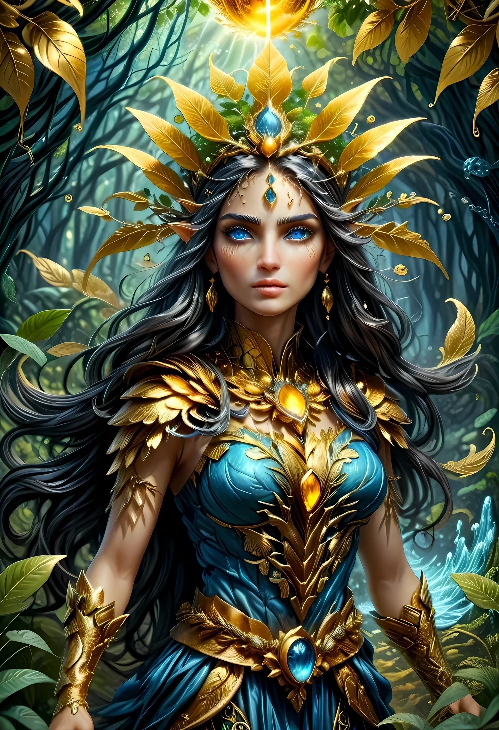 (gold leaf art: 1.5) high details, best quality, 16k, [ultra detailed], masterpiece, best quality, (extremely detailed), dynamic angle, ultra wide shot, RAW, photorealistic, fantasy art, realistic art, a female druid (intricate details, Masterpiece, best quality: 1.5) in a jungle, a female wearing (gold leaf: 1.3) clothes intricate details, Masterpiece, best quality: 1.4), leather boots, thick hair, long hair, black hair, intense (blue: 1.3) eyes, vibrant jungle (intense details), plenty of plant life, vines coming from trees, many jungle trees (1.3 intricate details, Masterpiece, best quality), vines, a river flowing, sun light, golden light. dynamic angle, (intricate details, Masterpiece, best quality: 1.5) , 2.5 rendering, high details, best quality, highres, ultra wide angle