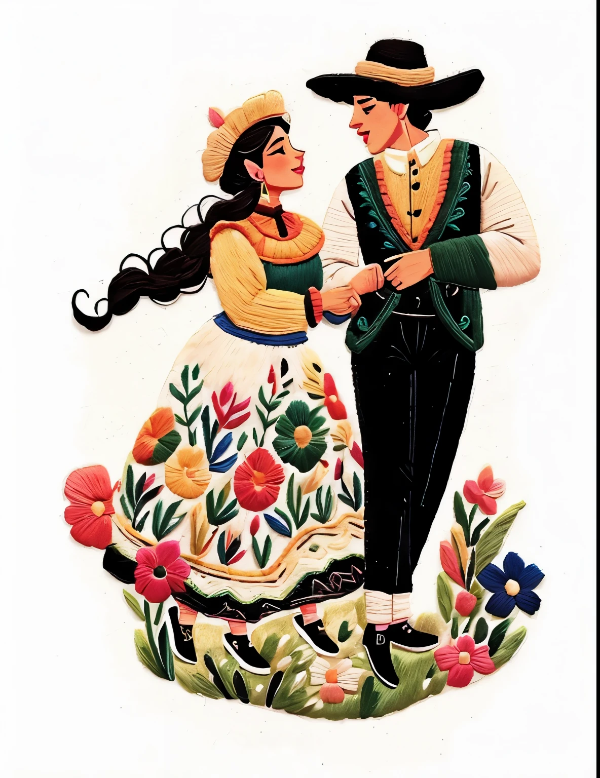 made of wool, wool sewing, an illustration of a young couple (dancing) in mexican costumes standing on a map, folklorico, mexican folklore, traditional costume, latino, folkloric illustration, traditional clothes, traditional clothing, dancers, traditional dress, authentic costume, latino american, folklore, wearing authentic attire, hispanic, mexican charro, mexican, mexico, (((Turn the image into wool embroidery)))